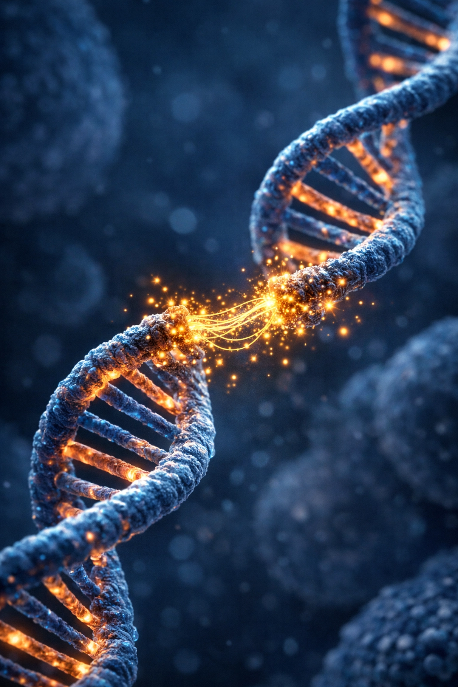 Golden particles representing PARP enzymes repairing a damaged DNA double helix to maintain cellular health.