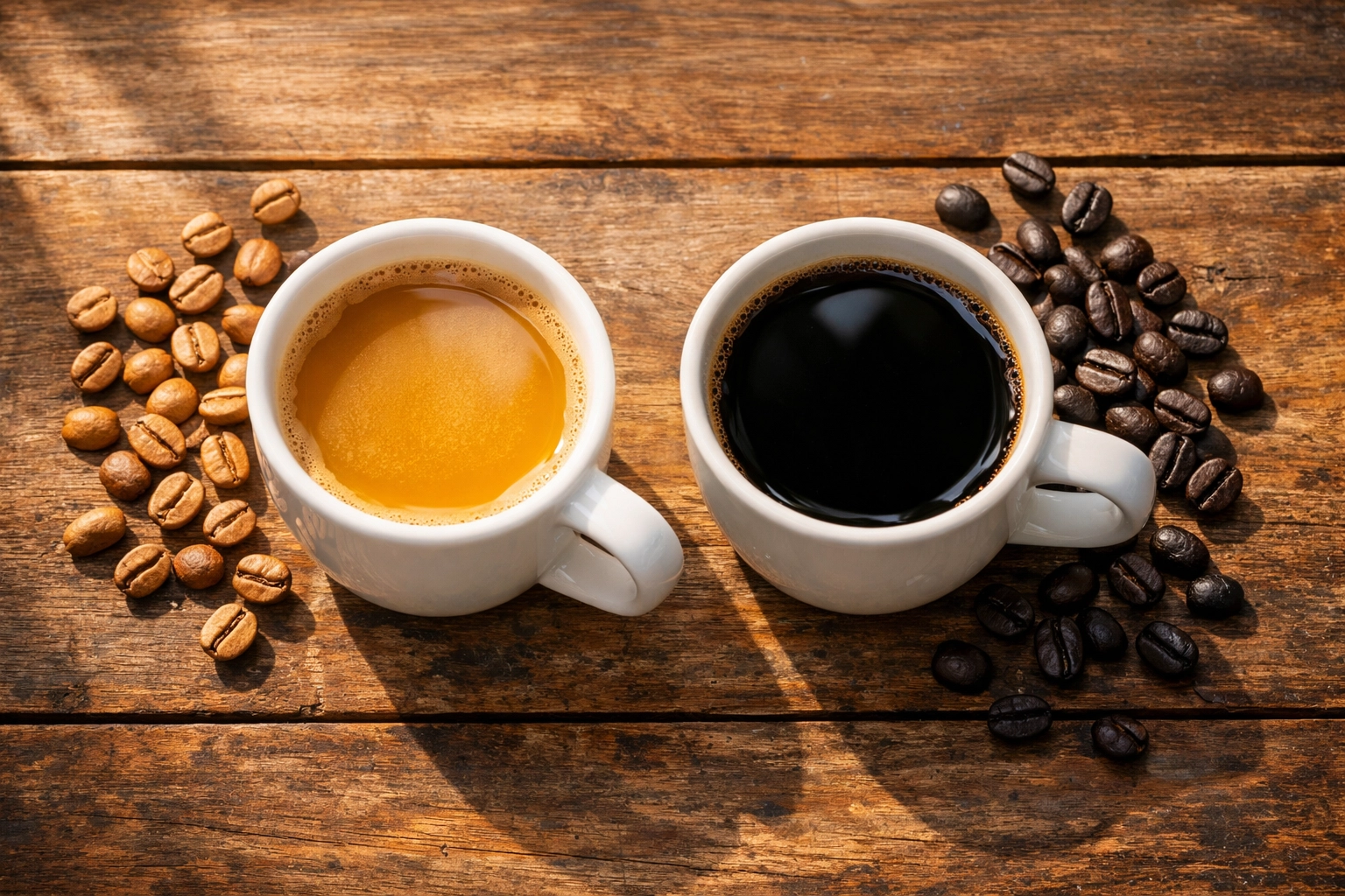 Light roast vs dark roast coffee comparison showing caffeine content differences