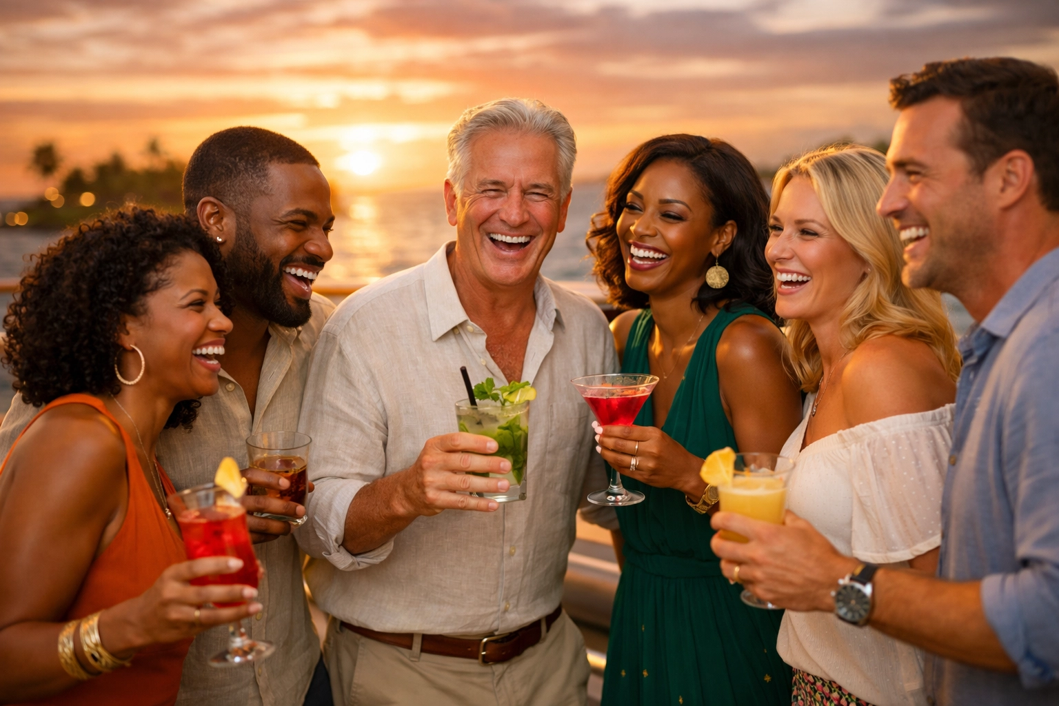 Adults enjoying sunset cocktails on luxury lifestyle cruise ship deck