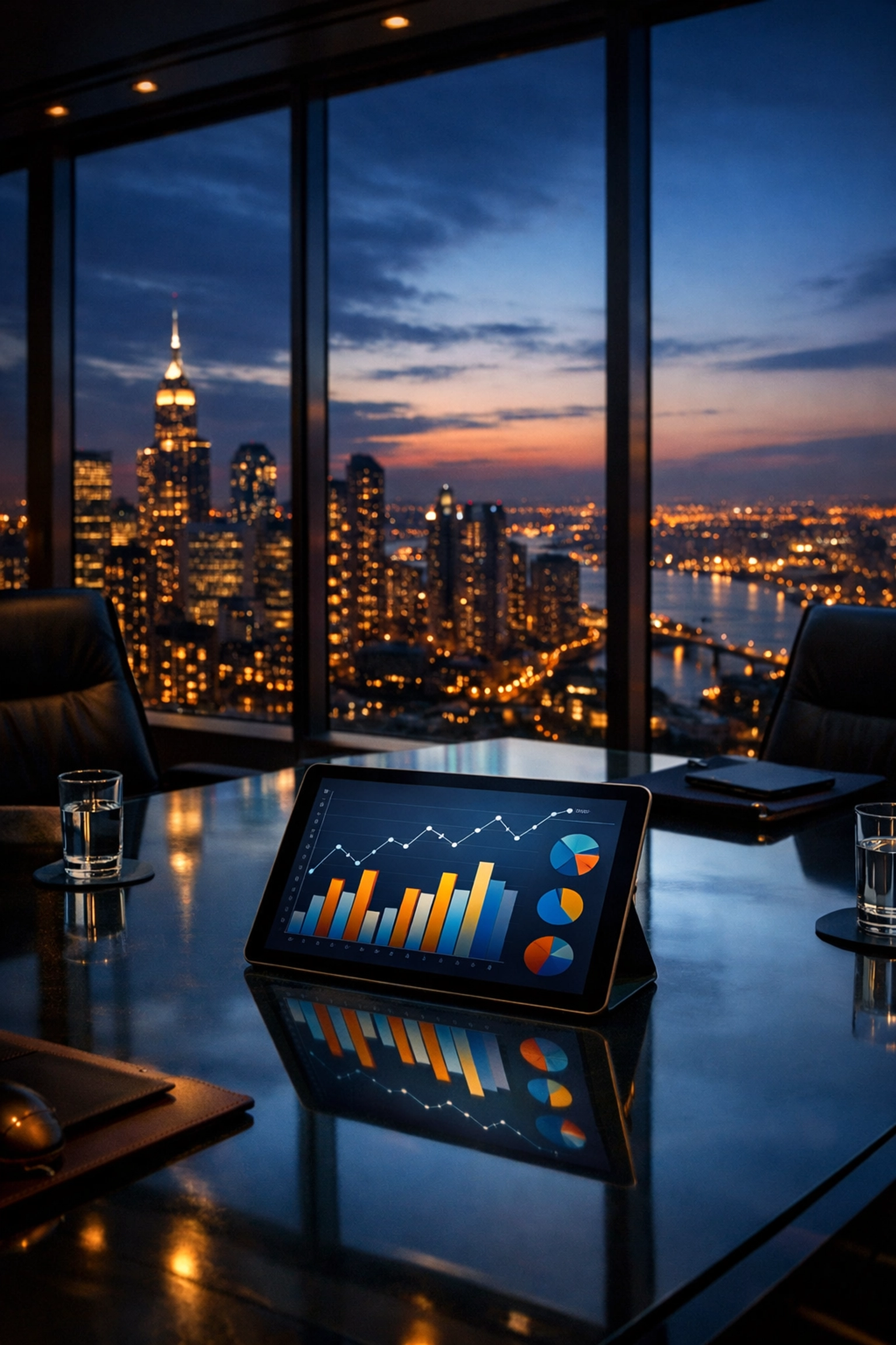 Professional boardroom overlooking a city skyline, representing Dakdan Worldwide’s strategic media leadership.