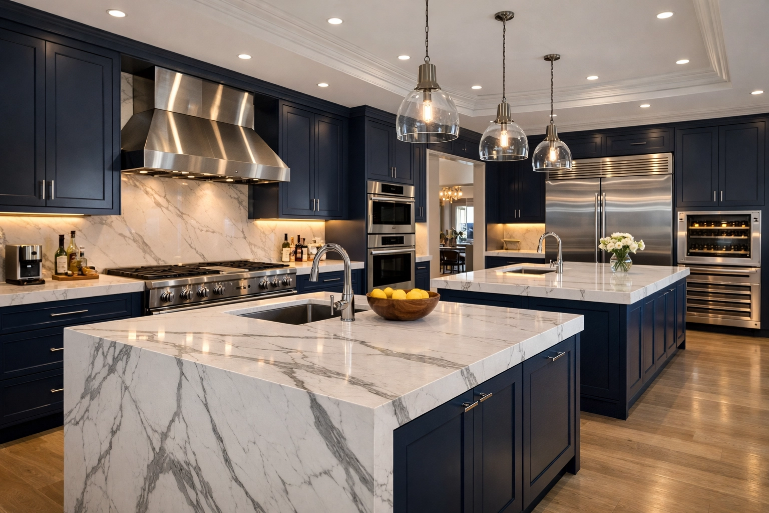 Expert Andover estate cleaning for a luxury kitchen featuring spotless marble countertops and gleaming appliances.