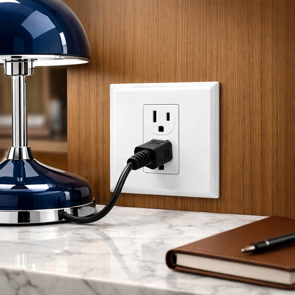 A dust-free electrical outlet in a clean home office with a blue desk lamp plugged in.