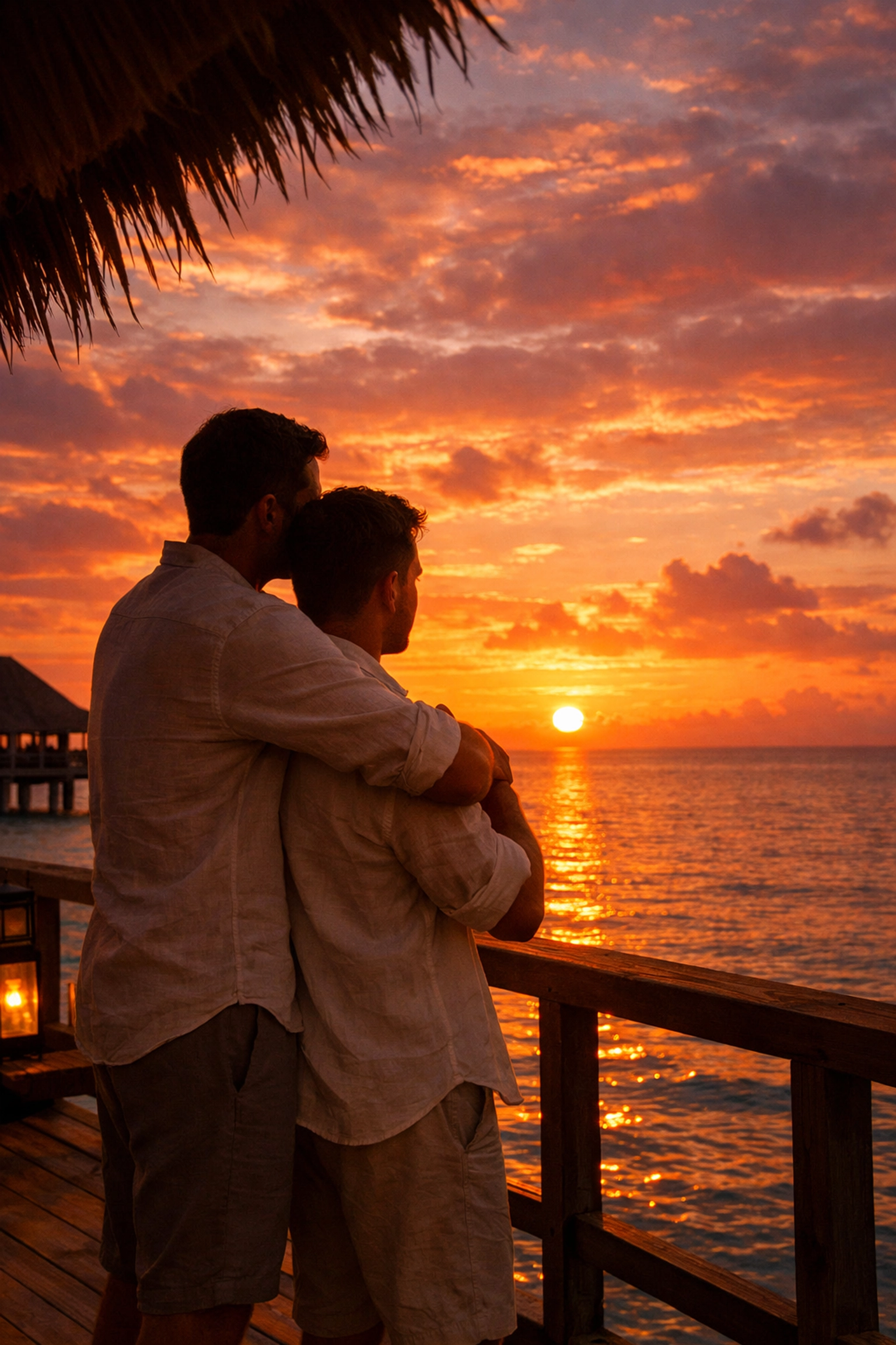 Gay couple watching romantic sunset from private overwater villa deck in Maldives