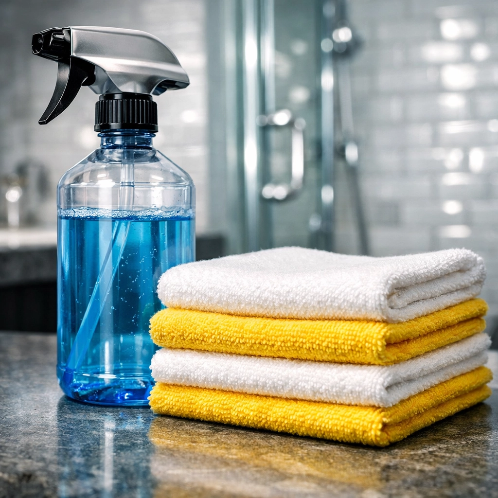 Professional supplies used by elite cleaning services near me to maintain a spotless luxury bathroom.