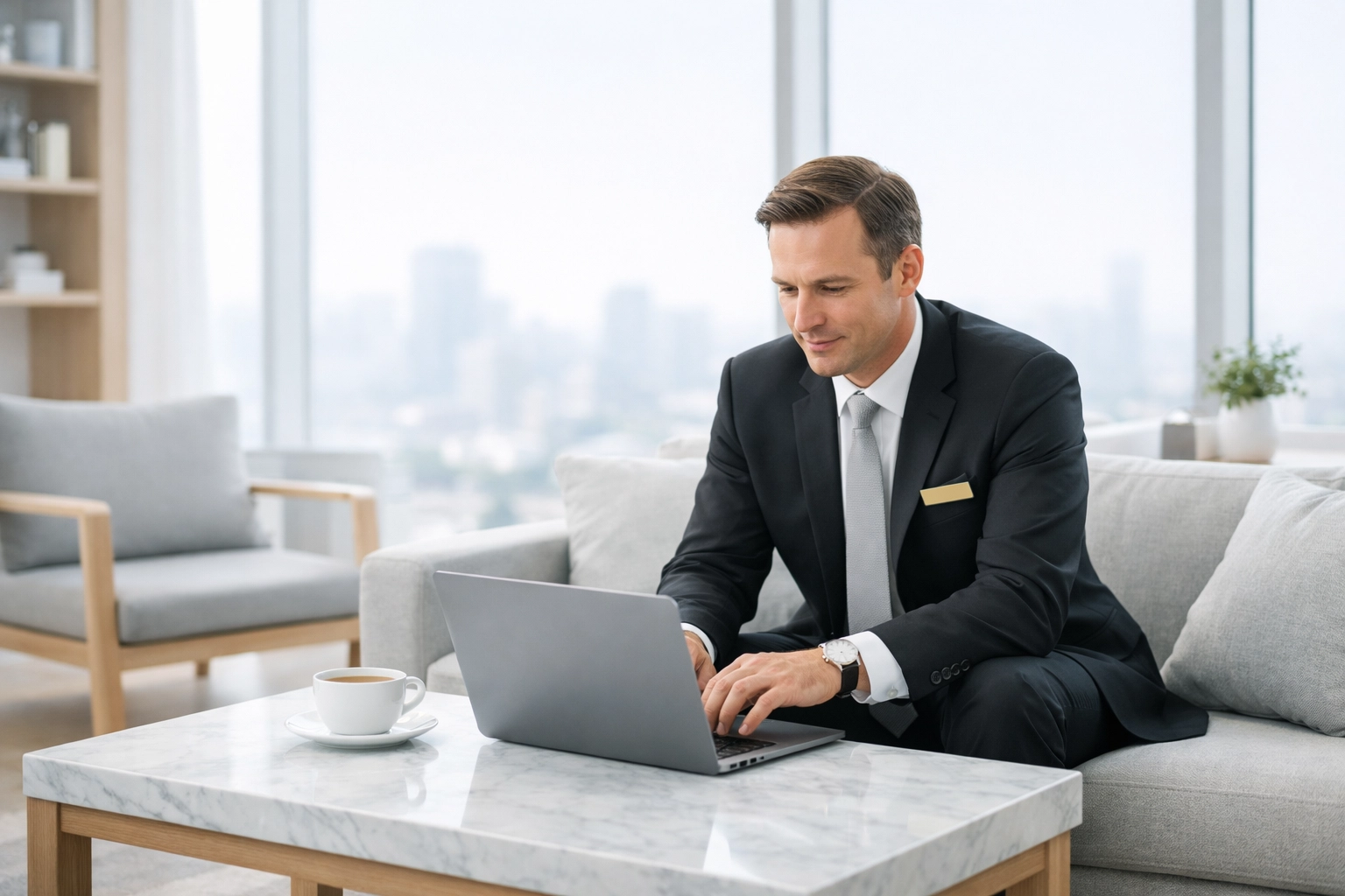 A hotel manager securely accessing property data remotely via a cloud-based PMS.