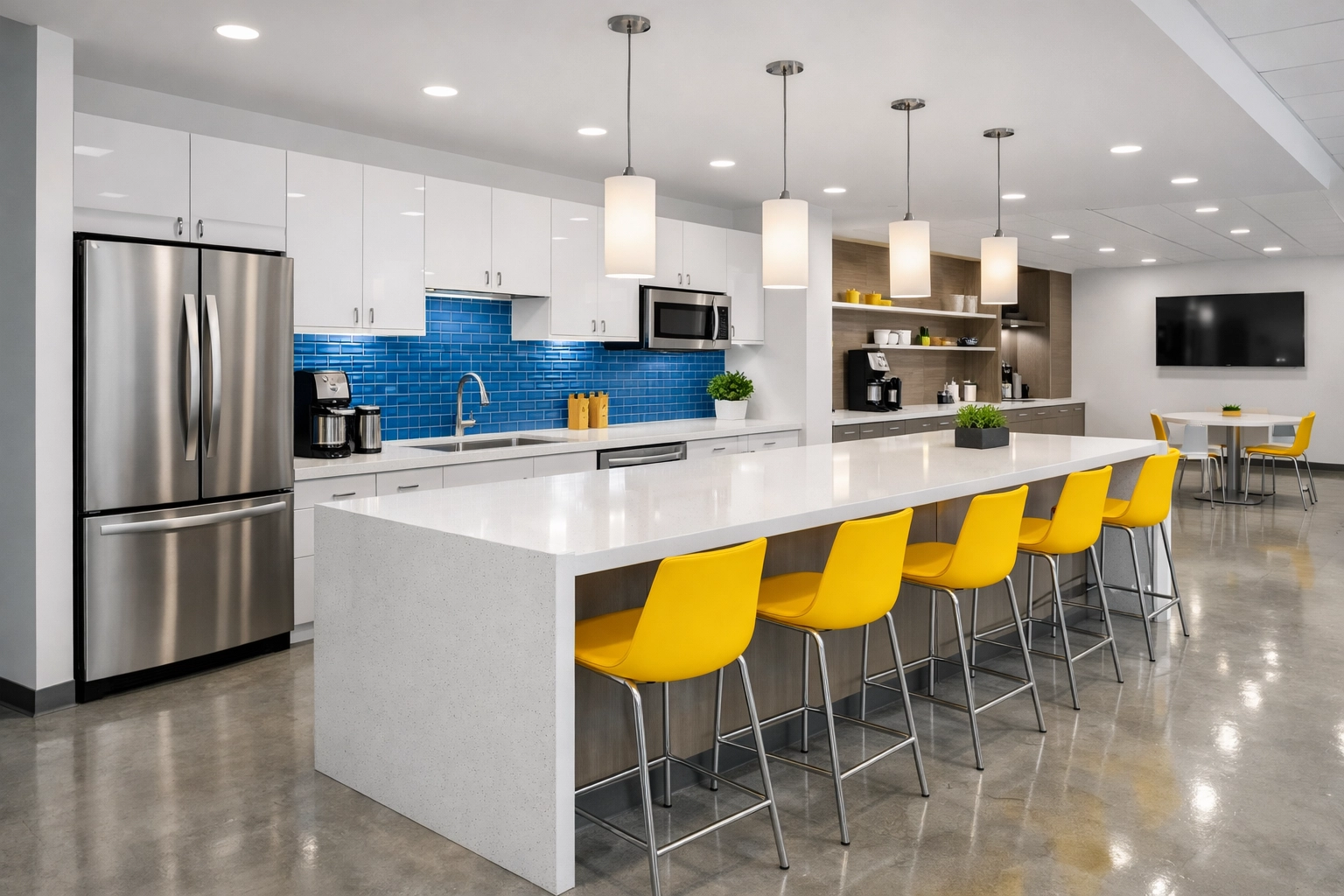 Sanitized corporate breakroom in Burlington with clean quartz countertops and modern appliances.