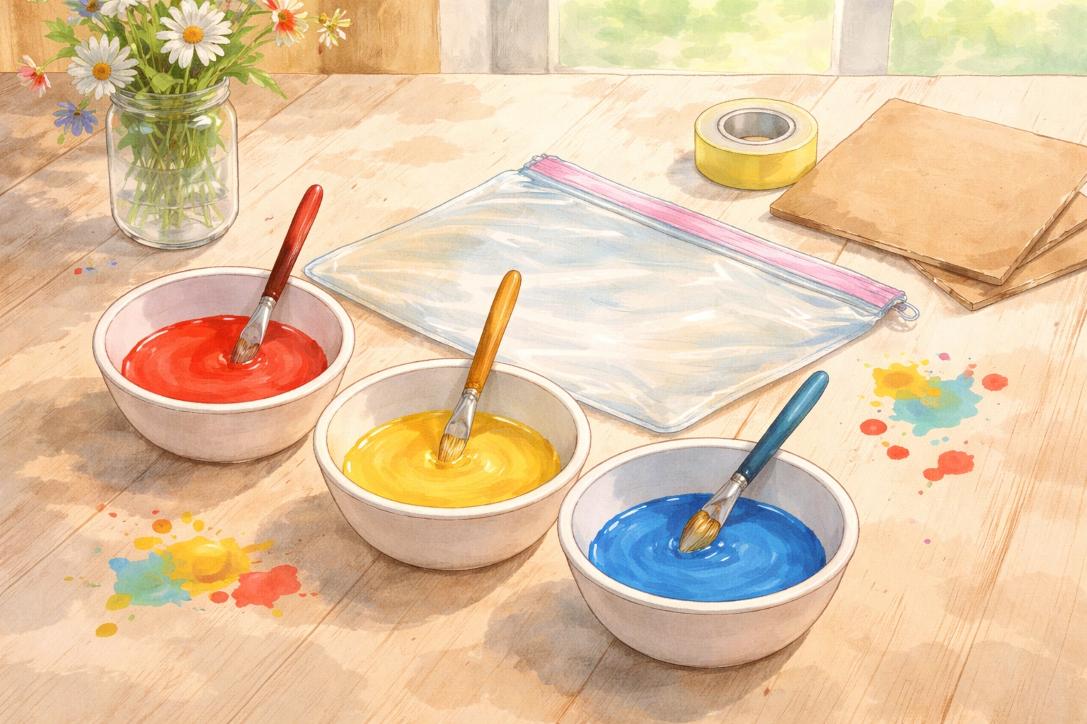 Kitchen table with red, blue, and yellow paint bowls and a zip-lock bag ready for preschool color mixing activity