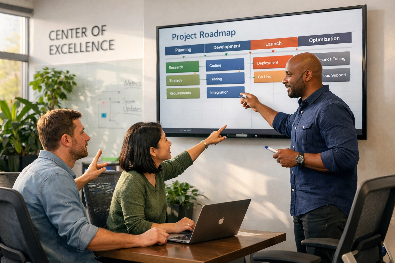 Consultants at a ServiceNow Center of Excellence hub collaborating on a long-term platform health roadmap.