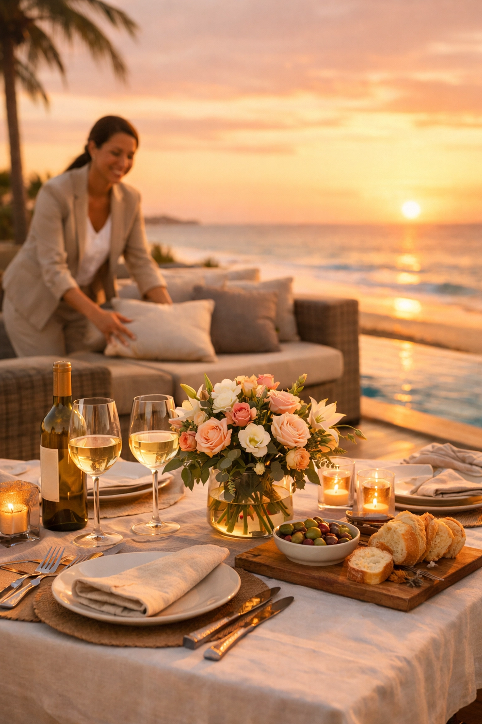 Luxury beachfront vacation rental with concierge setting up outdoor dining at sunset
