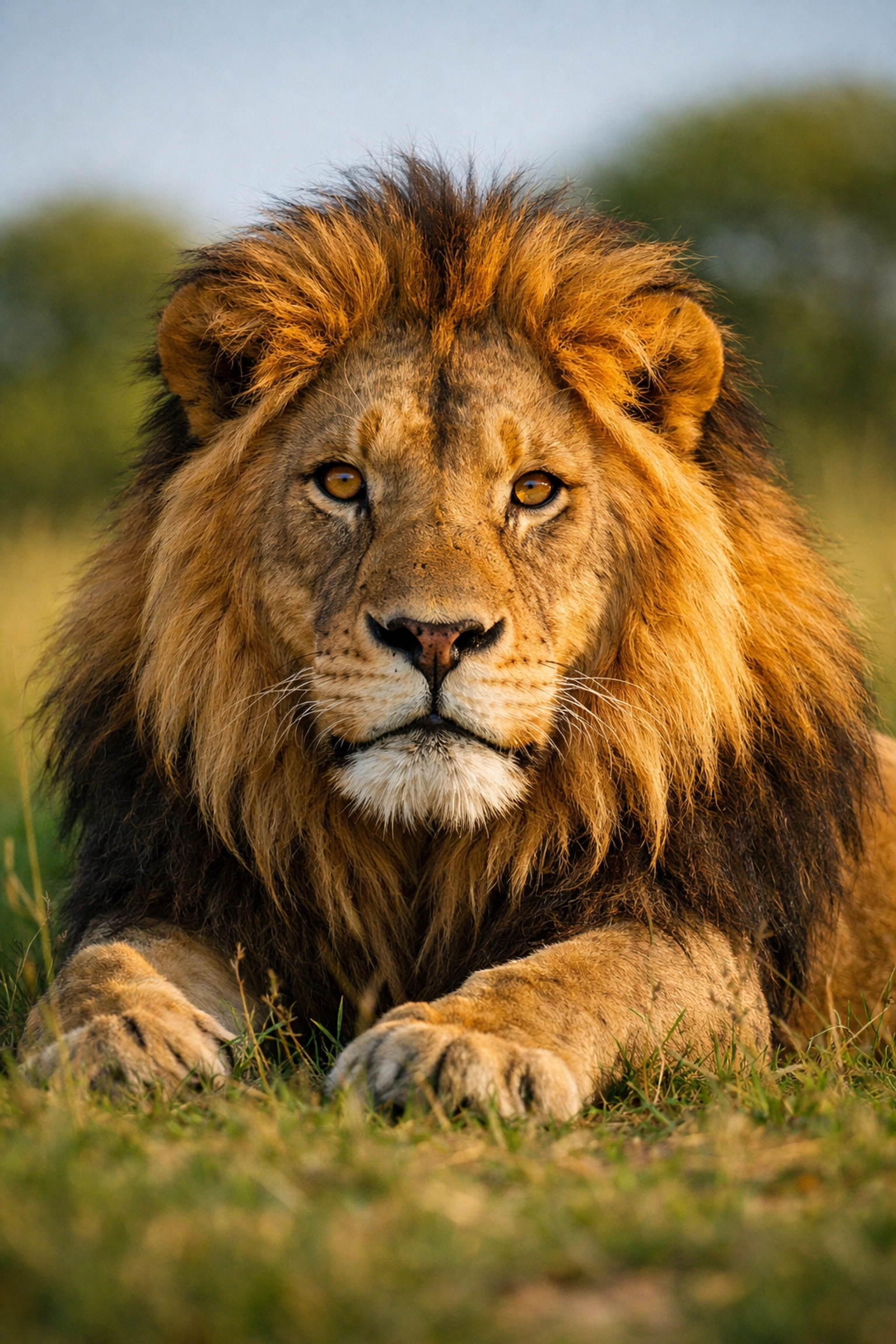 Majestic male lion at eye level in grass, showing how low angles improve zoo animal photography engagement.