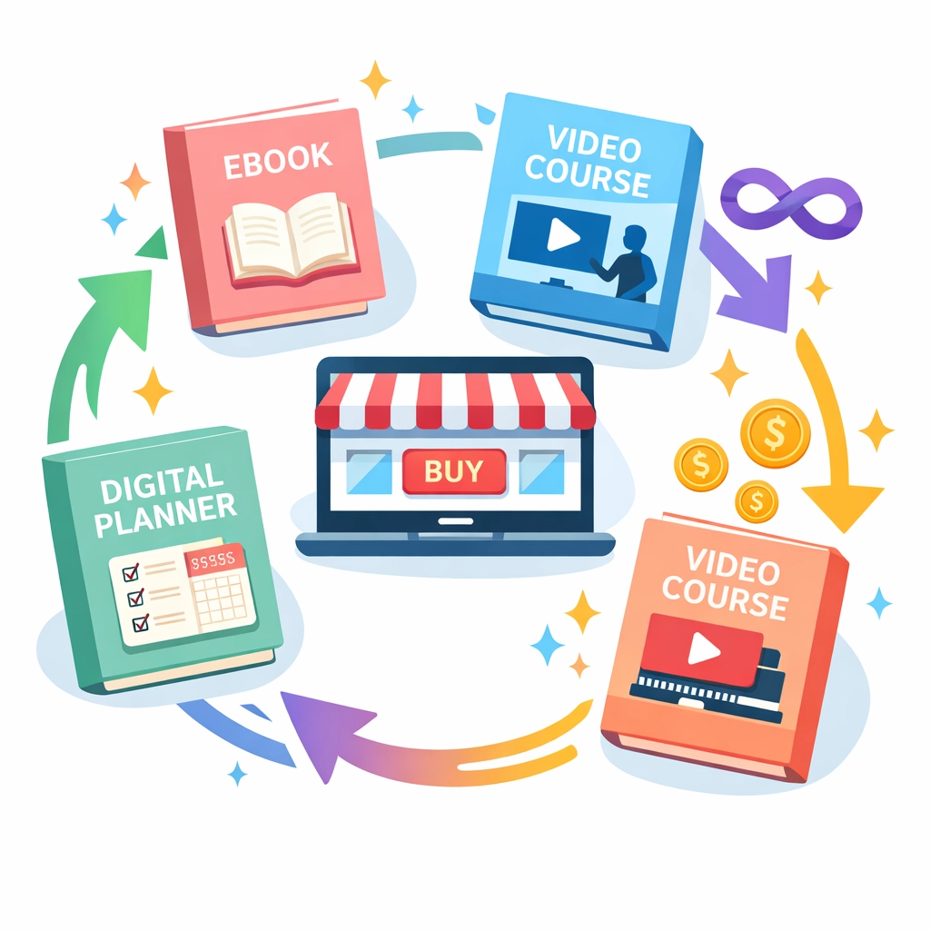 Various digital products including ebooks and video courses with resell rights