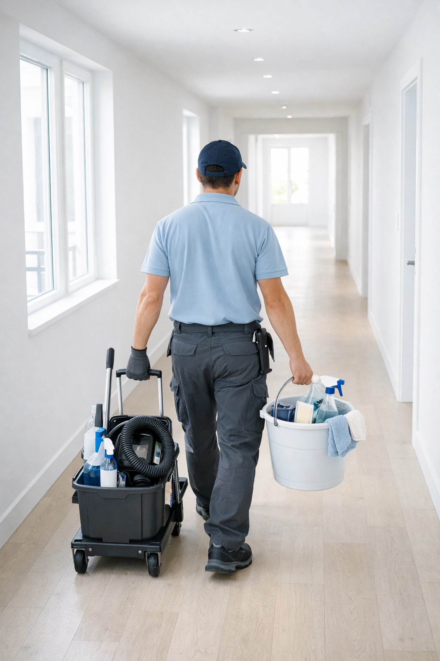 Professional cleaner carrying equipment through empty apartment hallway for turnover cleaning