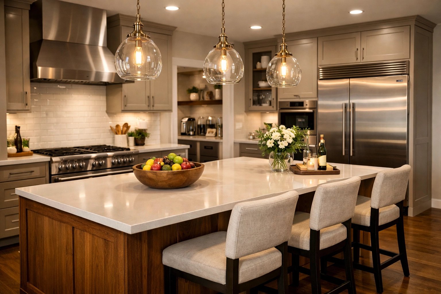 Finished modern kitchen with a large island and pendant lights after a 14-day remodel.