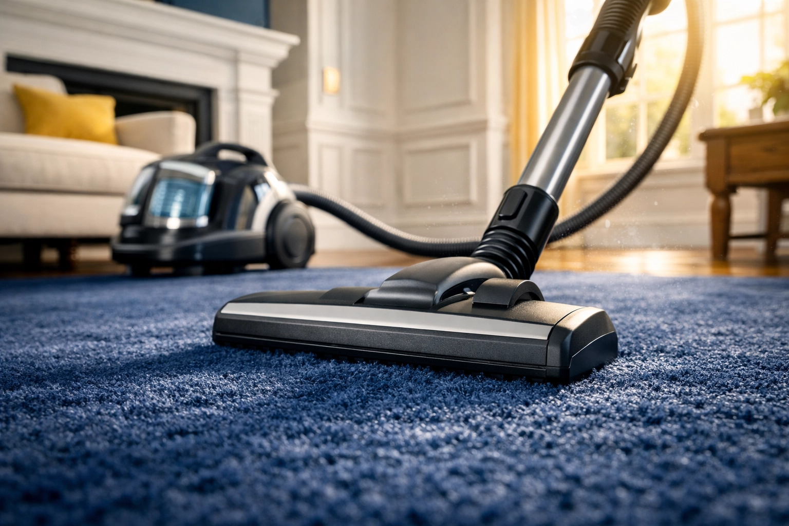 Professional HEPA vacuuming a luxury rug in a historic Massachusetts home for superior house cleaning services MA.