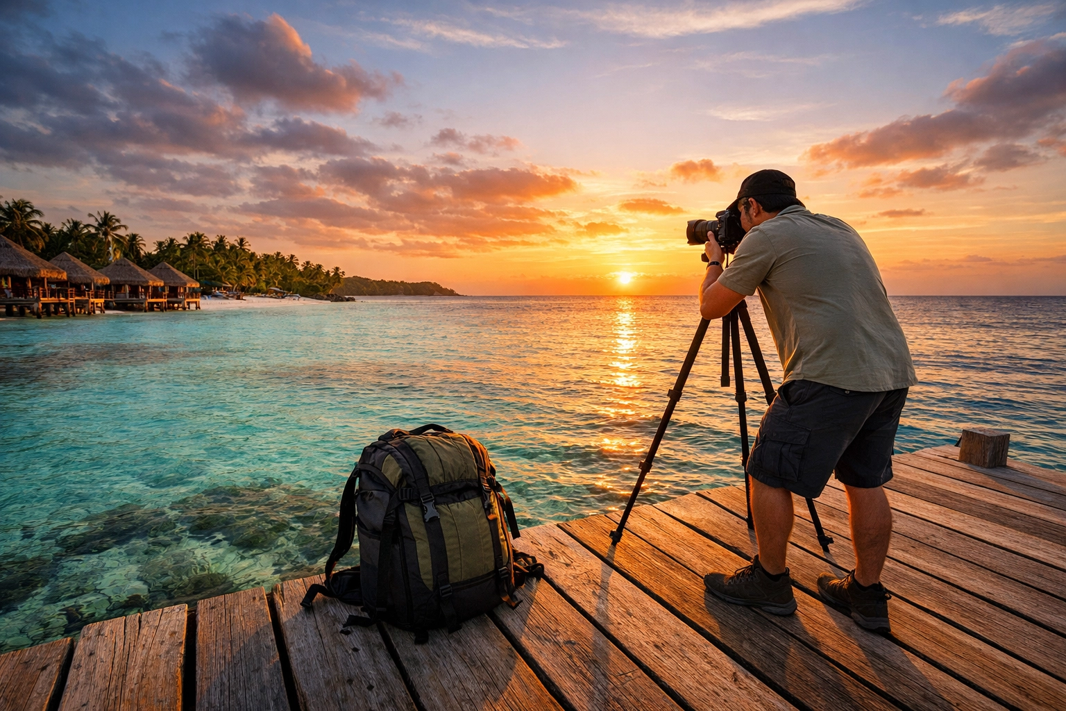 Travel photographer capturing a sunset on a tropical beach pier to build an international portfolio.