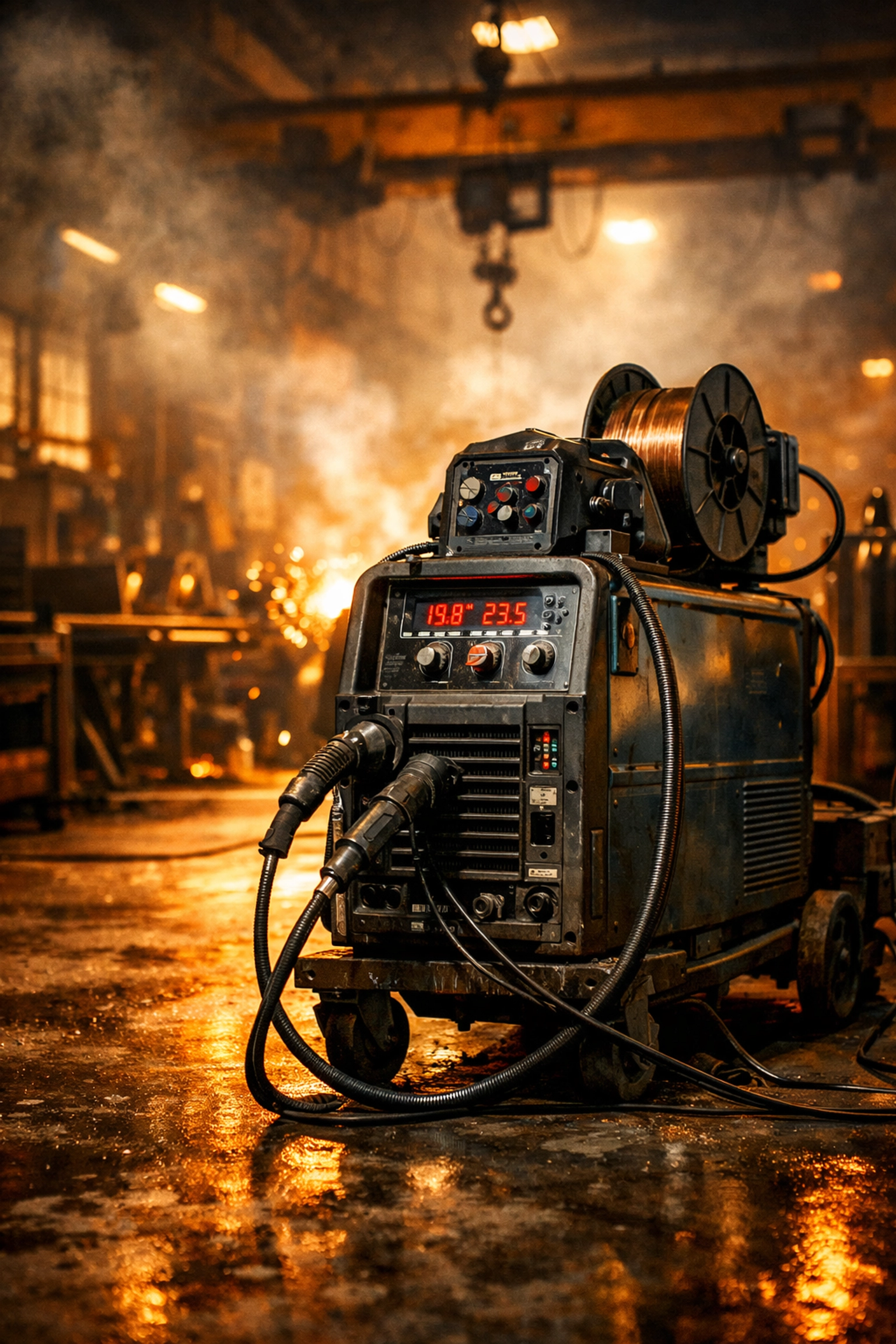 Industrial MIG welding machine at a professional welding supply shop in Fort Wayne.