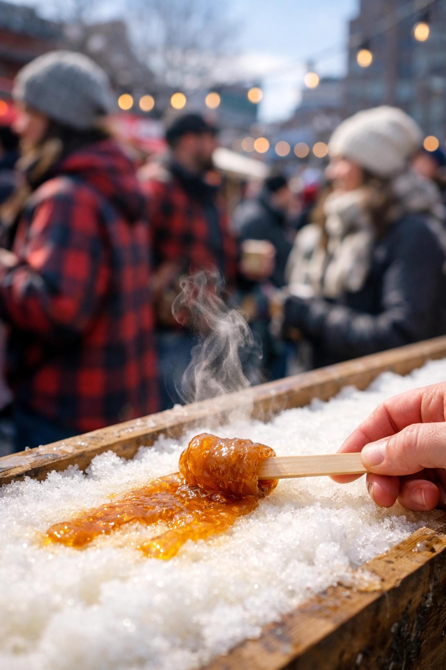 Golden maple taffy on snow at the Cabane Panache urban sugar shack festival in Montreal.