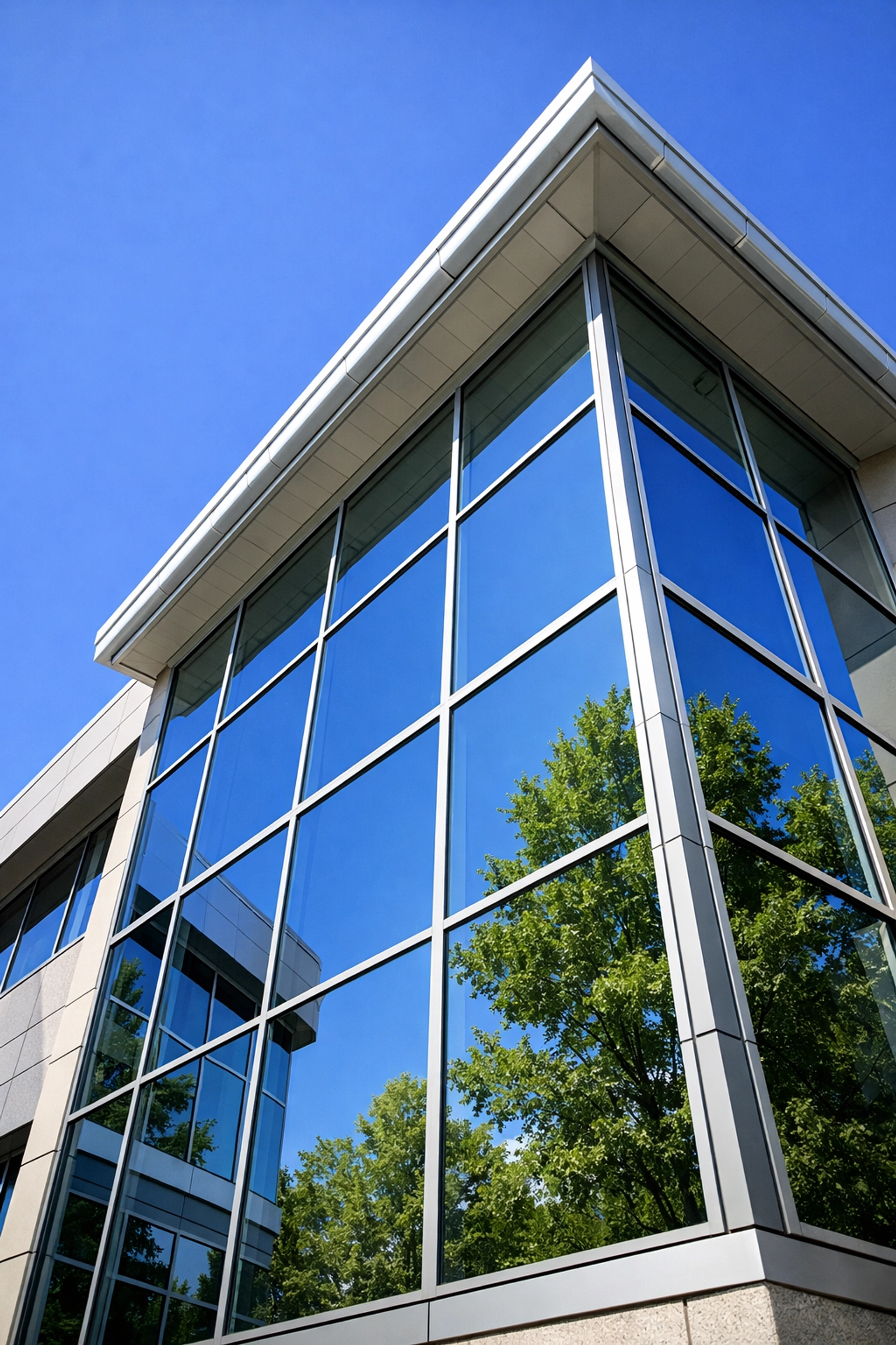 Clean exterior of a Westchester commercial building with professional window and gutter maintenance.