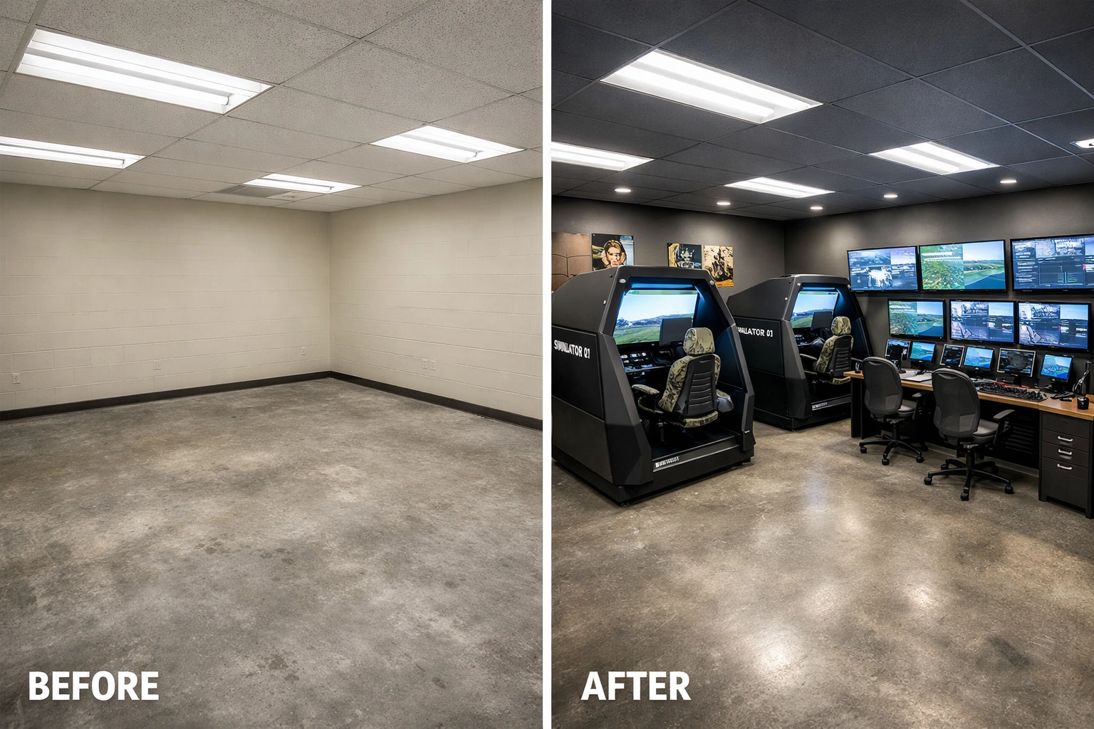 Small footprint simulator training center installation in converted 500 square foot military room