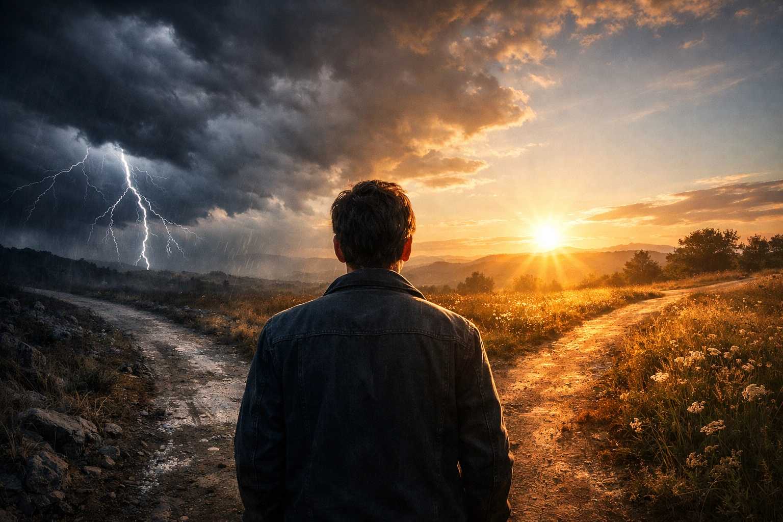 Person at crossroads choosing between anxious news path and peaceful truth-focused news path