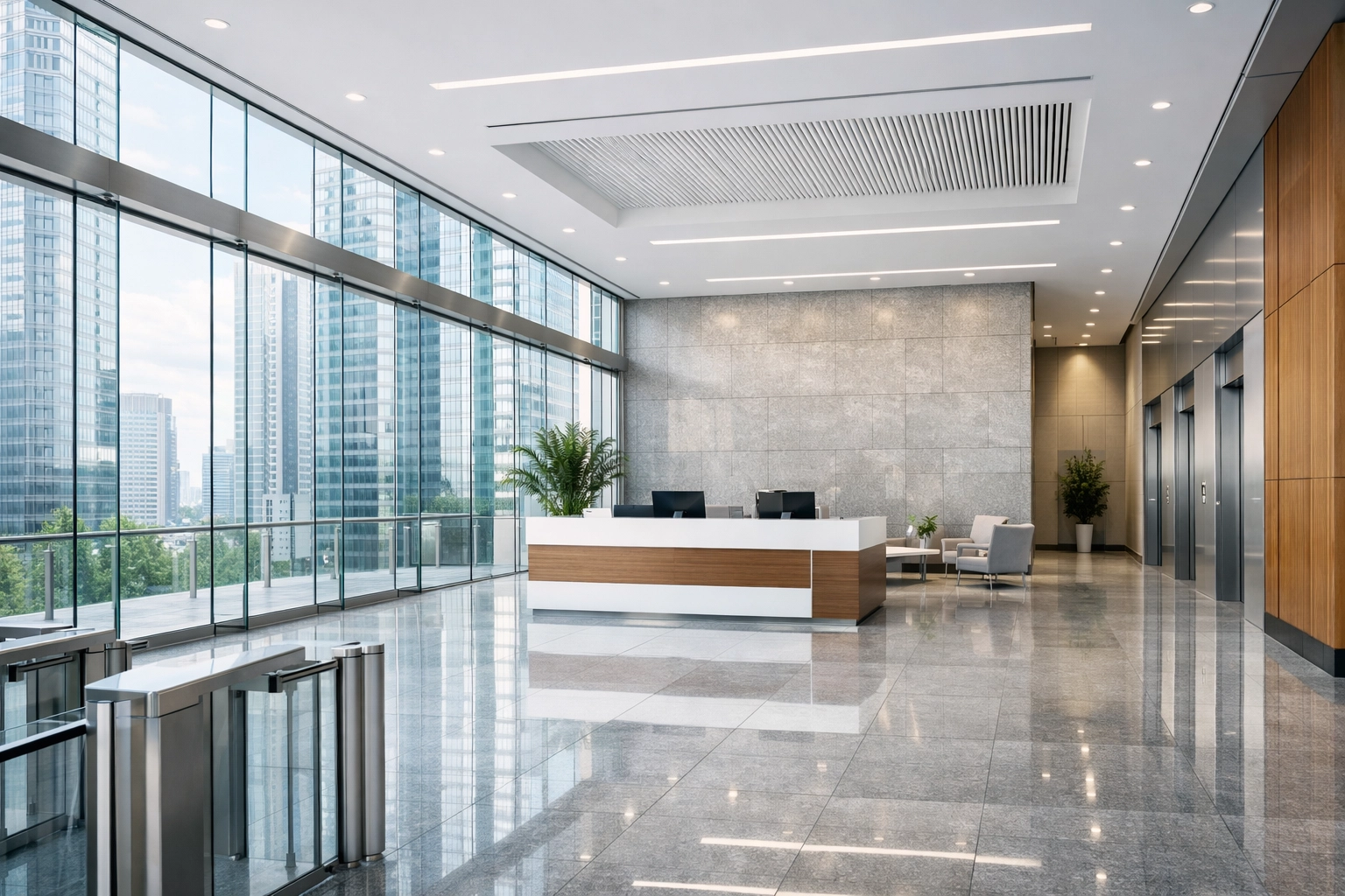 Pristine metropolitan office lobby showing high-quality commercial cleaning standards.