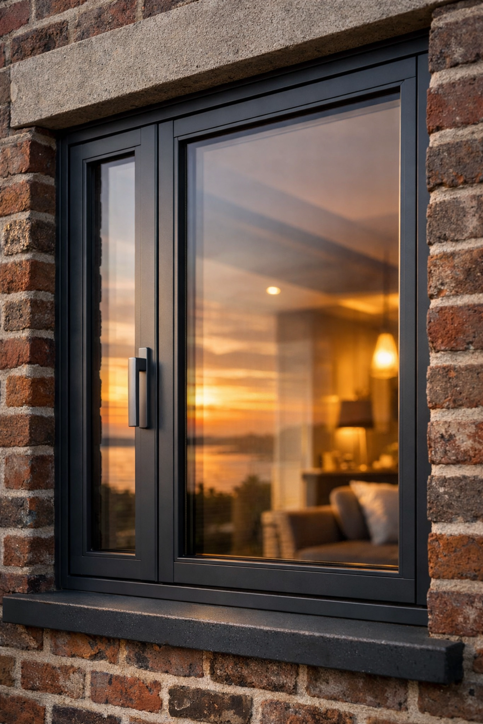 Anthracite grey aluminium window frame installed in a refurbished West Sussex home for improved energy efficiency.