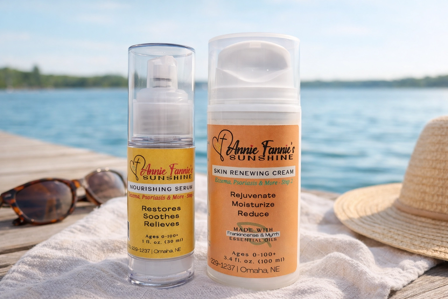 Annie Fannie’s Sunshine Two Step Duo (Nourishing Serum + Skin Renewing Cream) with summer vibes and lakeview relaxation.