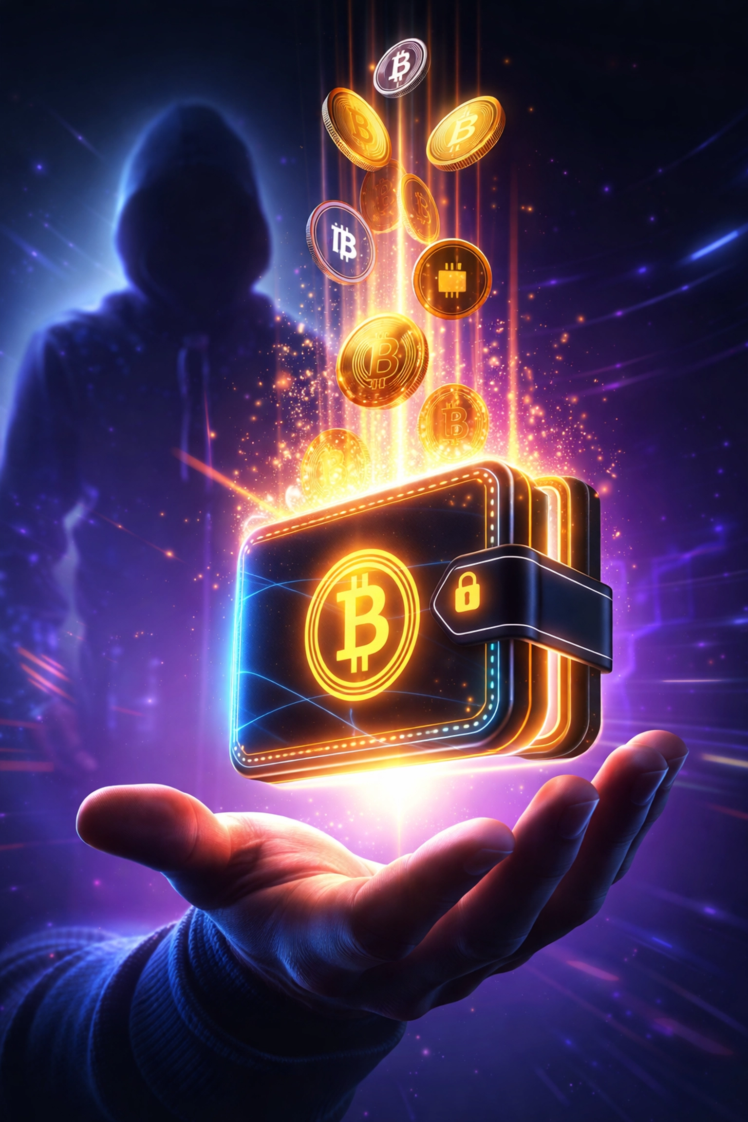 Futuristic digital wallet receiving cryptocurrency directly, symbolizing instant self-custody payments with Larecoin.