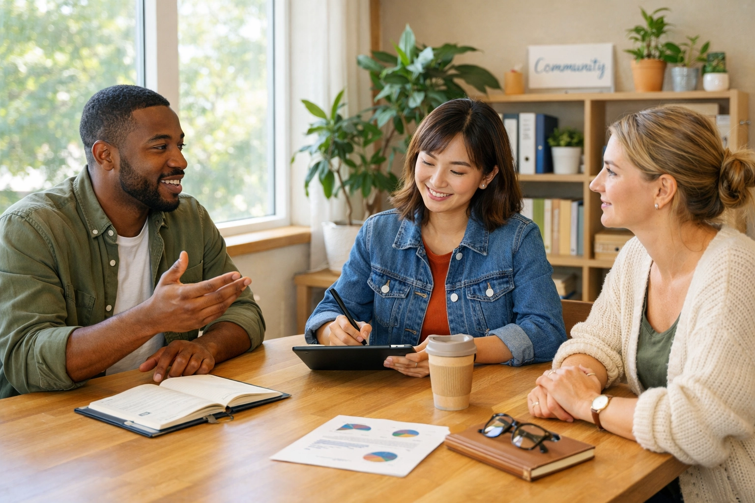 Nonprofit team meeting to discuss planned giving program policies and strategy