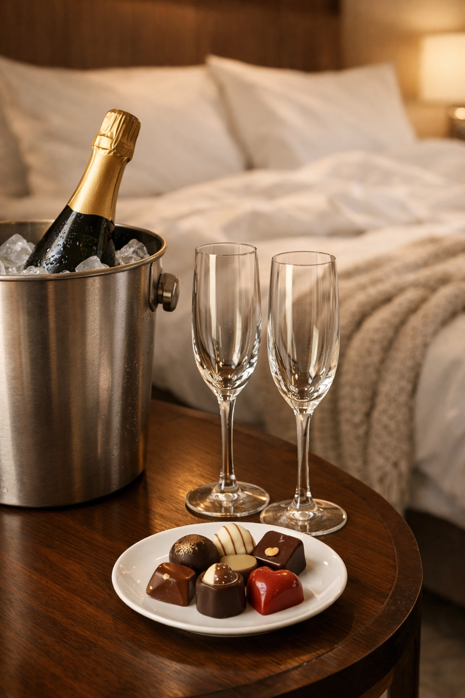 Premium room service with champagne and chocolates illustrating personalized hotel upselling opportunities.