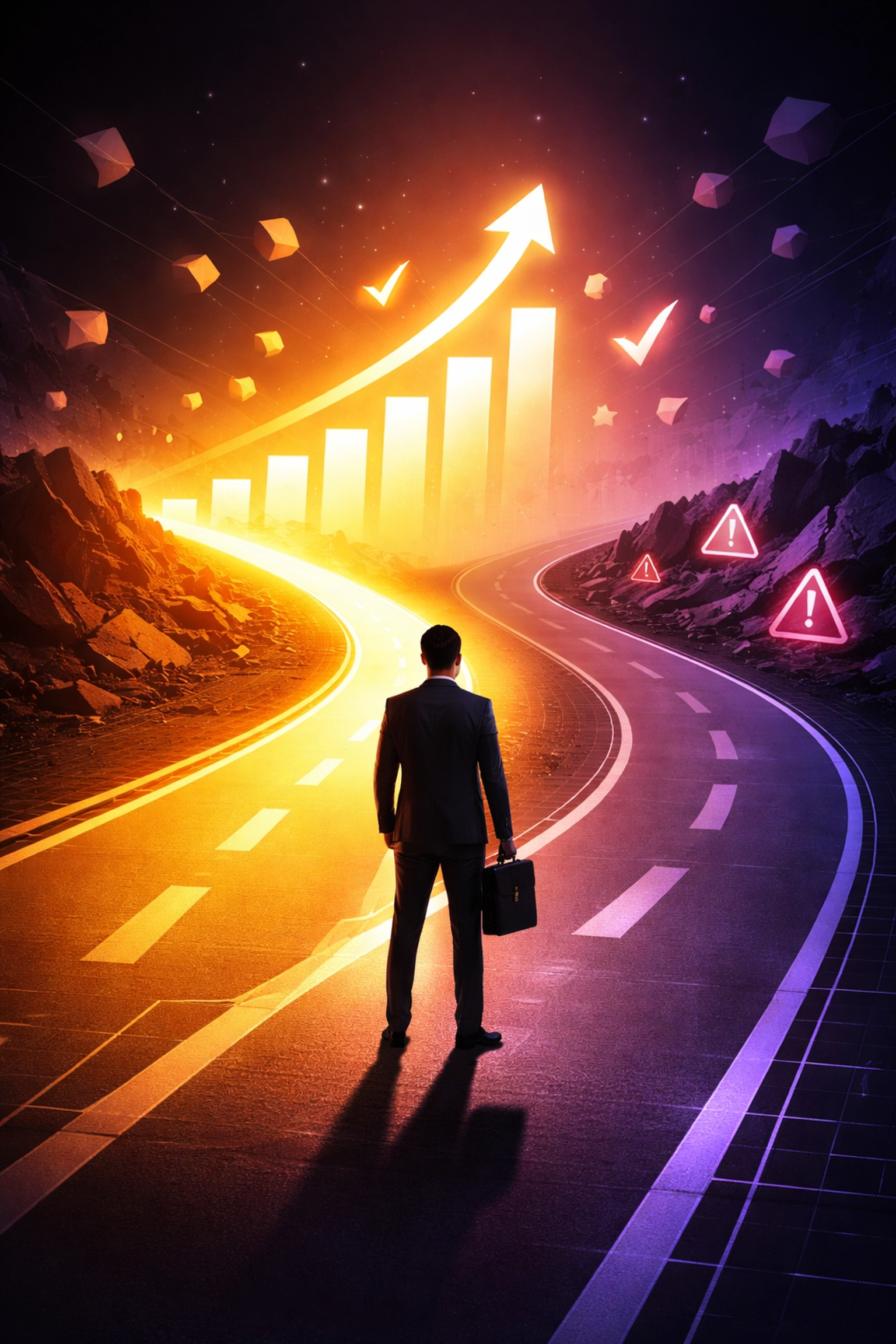 Businessman facing digital visibility crossroads with success and risk indicators for brands