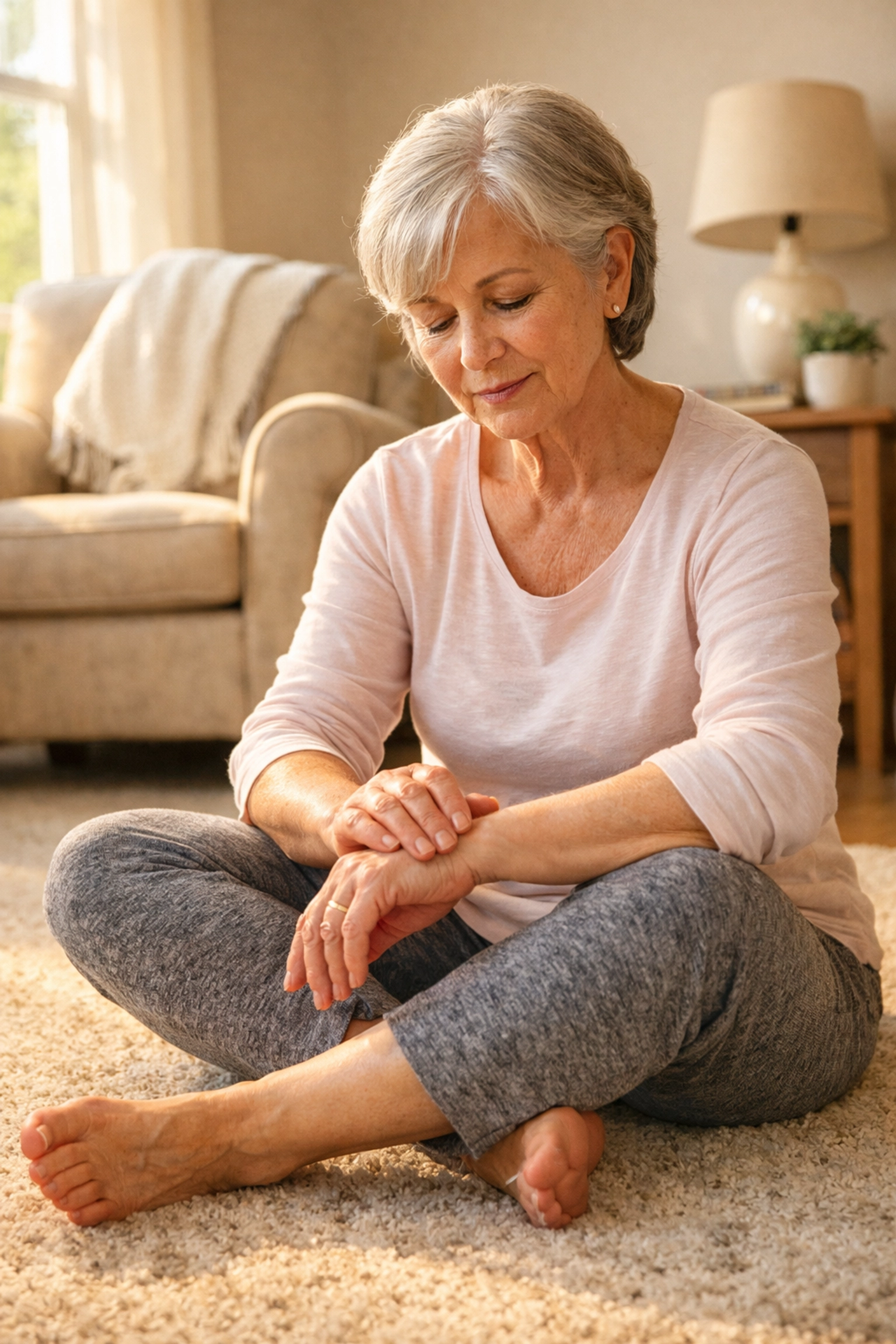 Senior woman sitting on floor checking for injuries after a fall