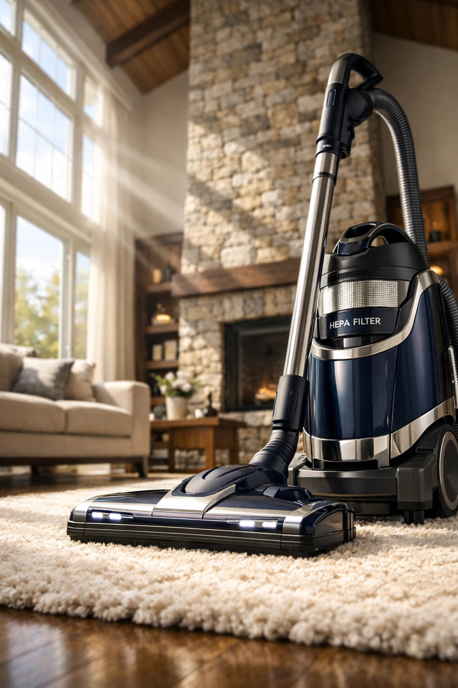 Professional HEPA vacuum used for high-end Westwood estate maintenance in a living room.