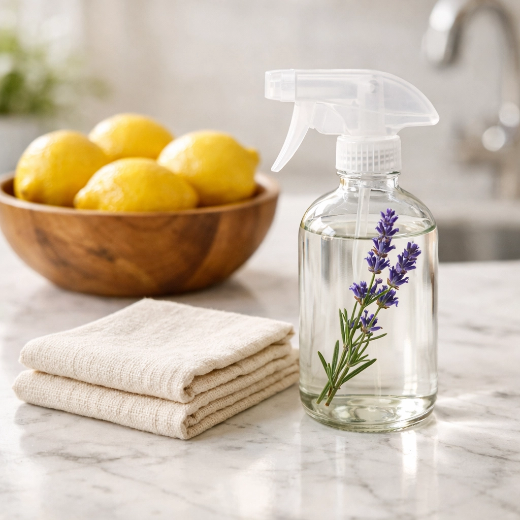 Professional maid service in Greenville, SC using eco-friendly cleaning products on marble counters.
