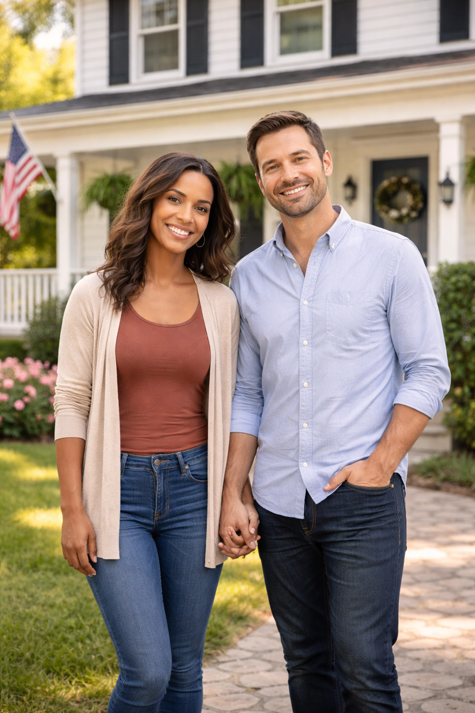 Confident couple at a South Jersey home, symbolizing success in home buying at their preferred pace. Confident couple at a South Jersey home, symbolizing success in home buying at their preferred pace.