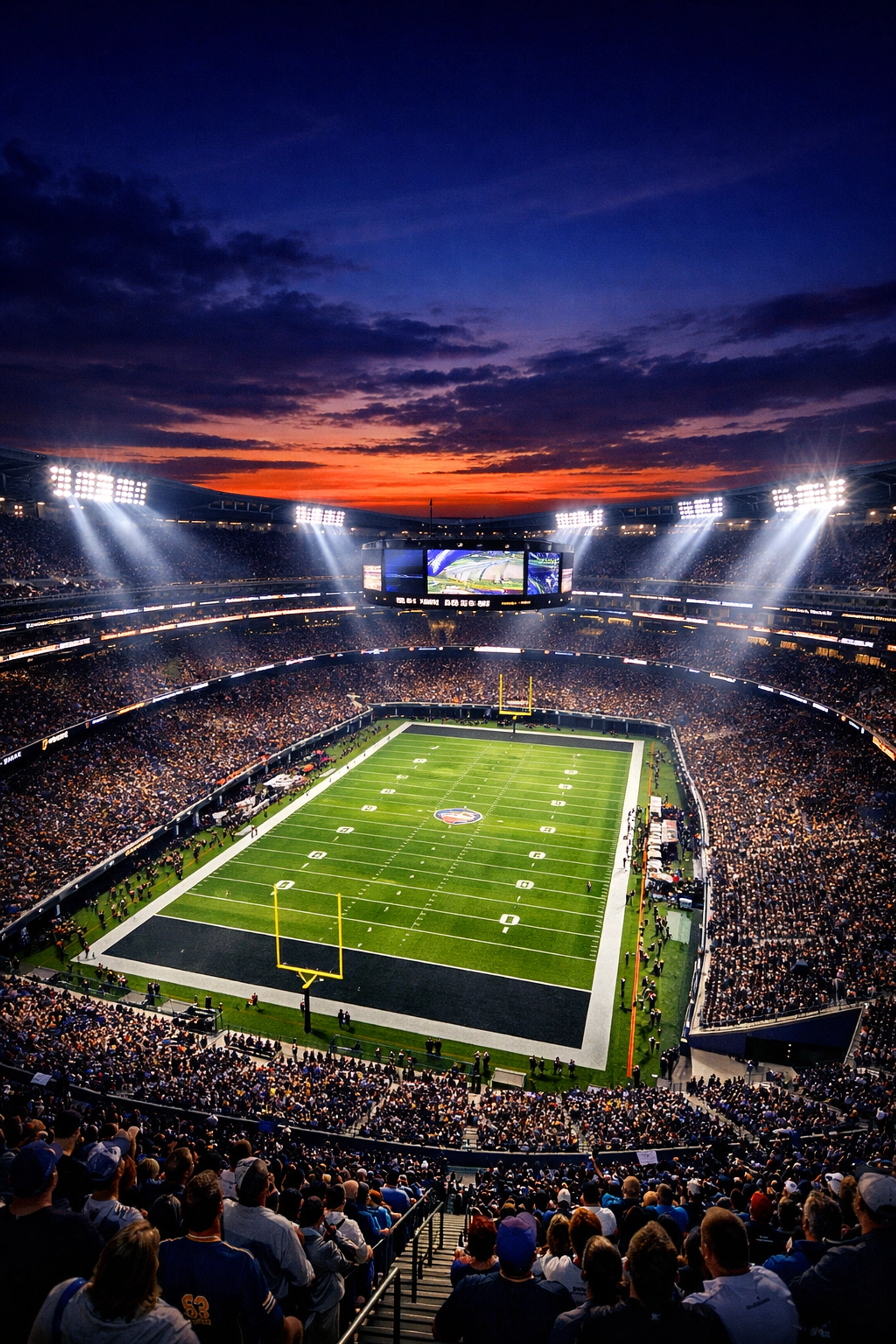 High-angle view of a modern football stadium at sunset representing the scale of Super Bowl 2026 sports marketing.