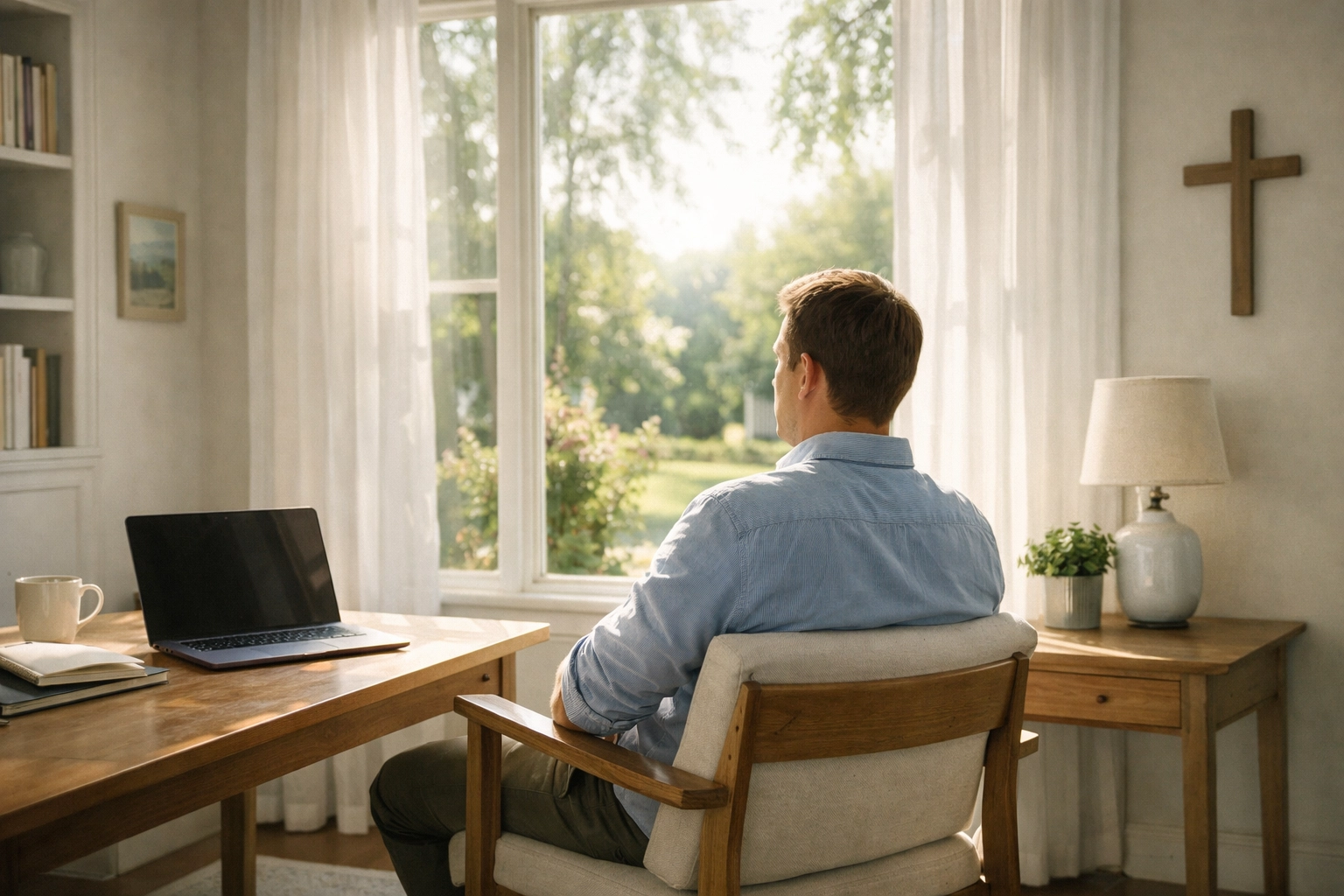 A man sitting at a desk turning away from his laptop to reflect and pray in a sunlit room.