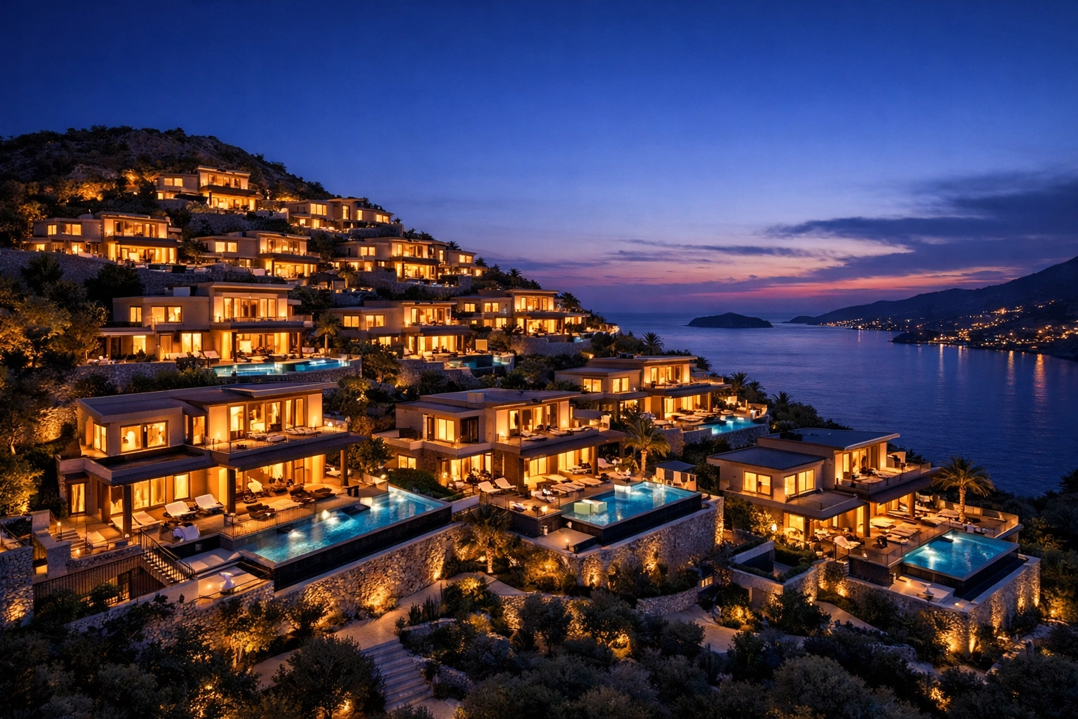 Expansive luxury villa portfolio at twilight overlooking the Mediterranean Sea, showcasing business growth.