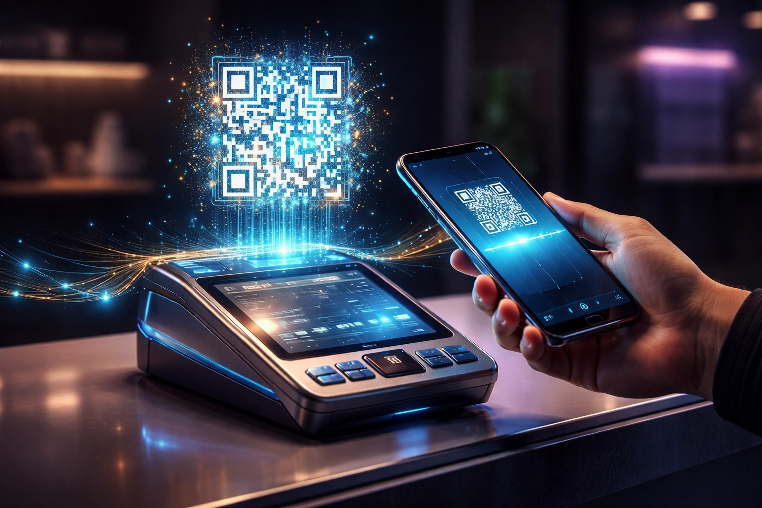 A modern POS system with a customer scanning a QR code, highlighting instant digital settlement via Web3 payments.