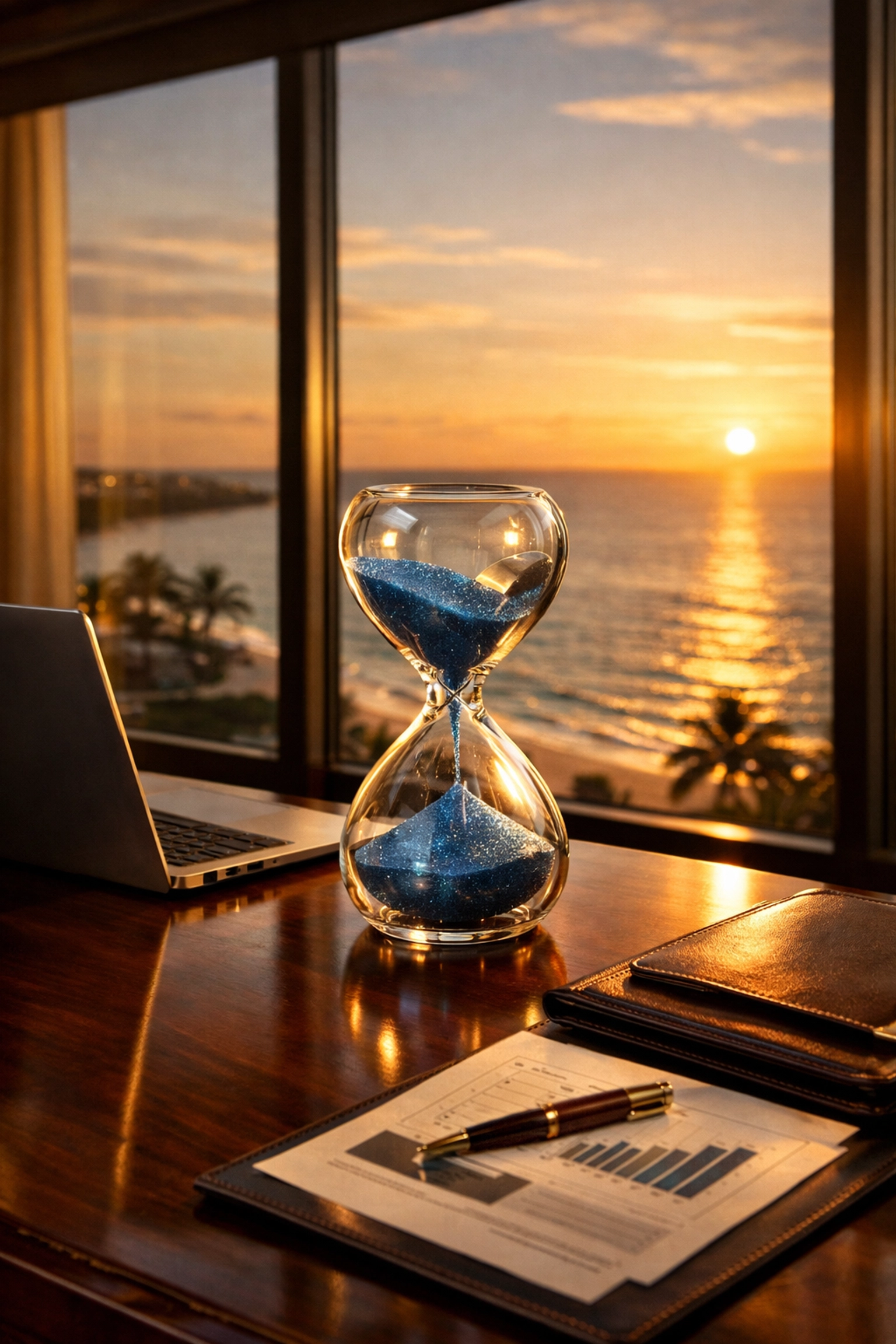 Hourglass on a luxury desk symbolizing the 2026 market reset for selling a business in Naples.