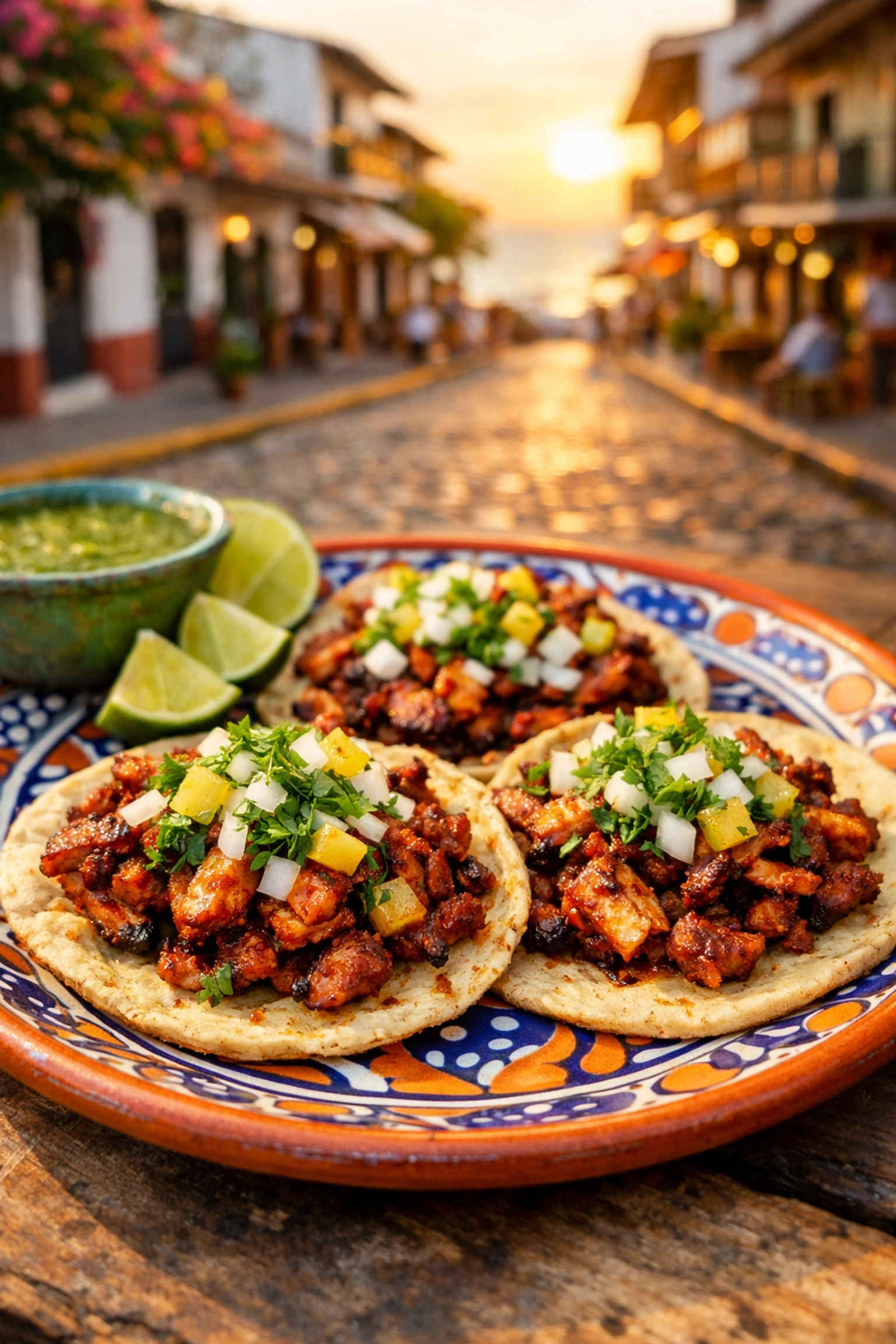 Fresh Al Pastor tacos on a plate in Zona Romantica near your condo rental puerto vallarta.