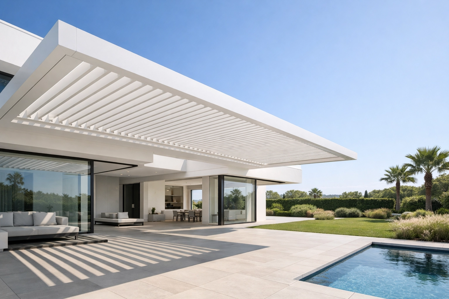 Ästhetische Terrassenüberdachung nahtlos in die moderne Hausarchitektur einer Wiener Villa integriert.