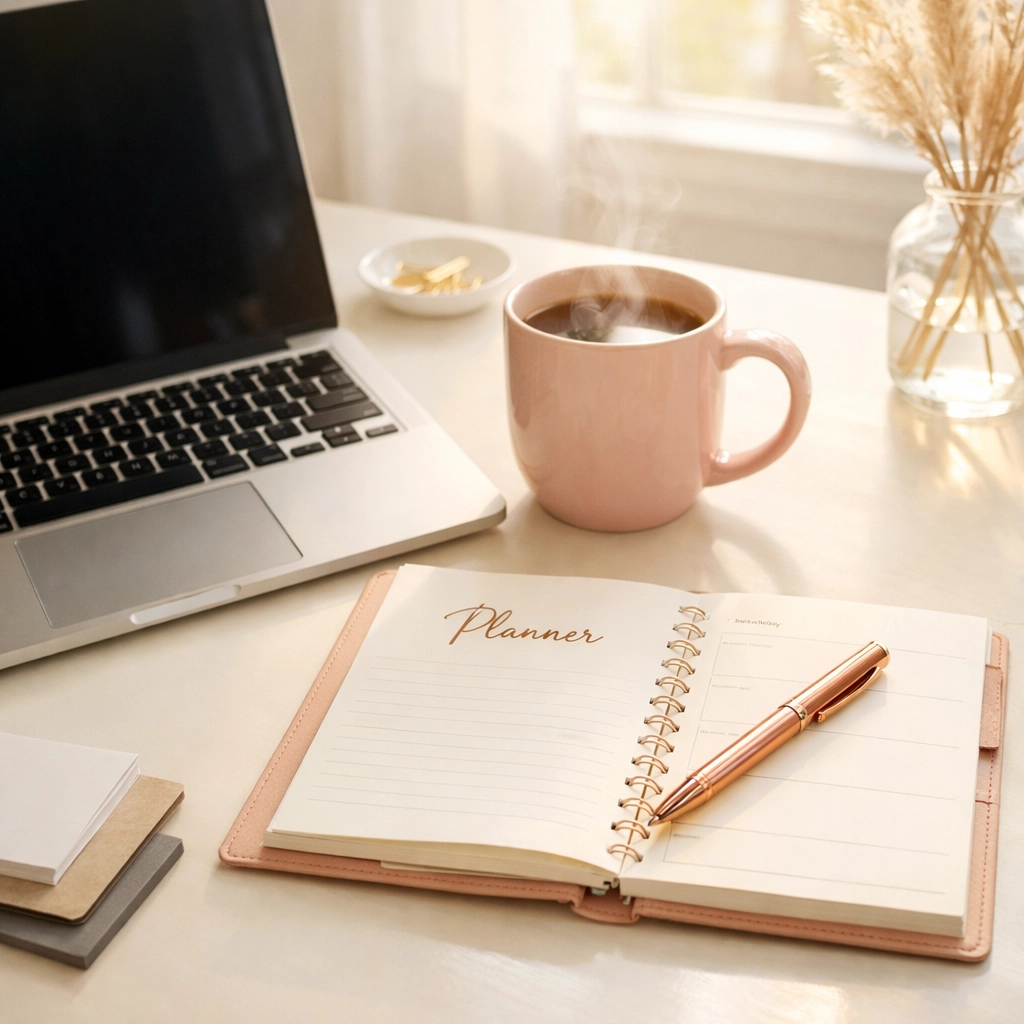 An organized workspace with a laptop and planner, symbolizing efficient social media management for business growth.