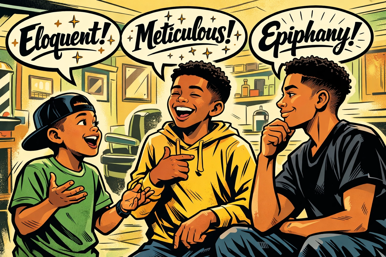 Black and Latino boys practicing vocabulary words in community barbershop setting