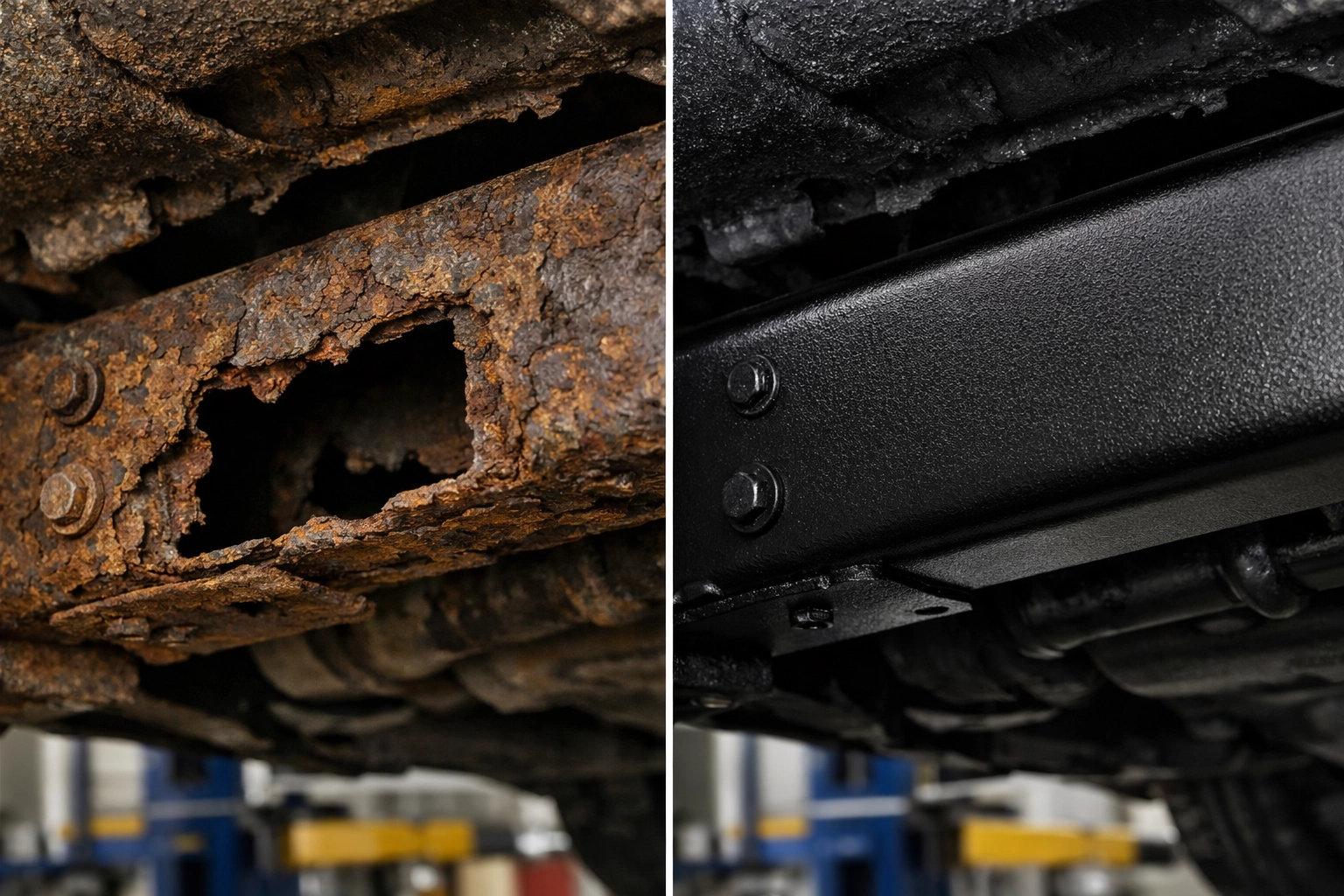 Side-by-side view of a rusty vehicle chassis versus professional rustproofing treatment to prevent MOT failure.