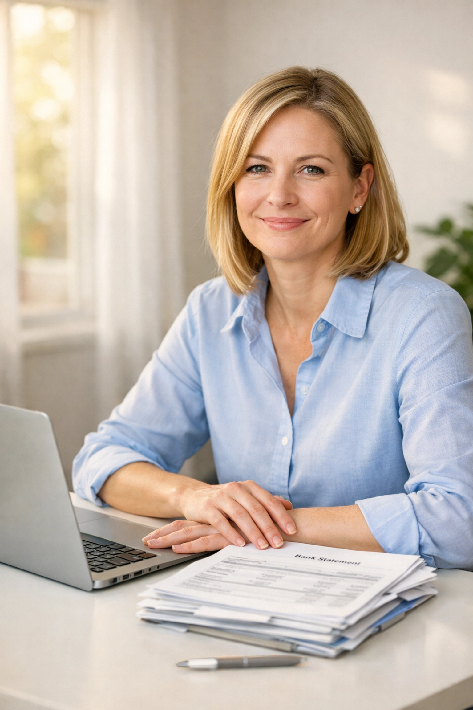 Small business owner in a bright office successfully reconciling bank statements as part of a bookkeeping cleanup.