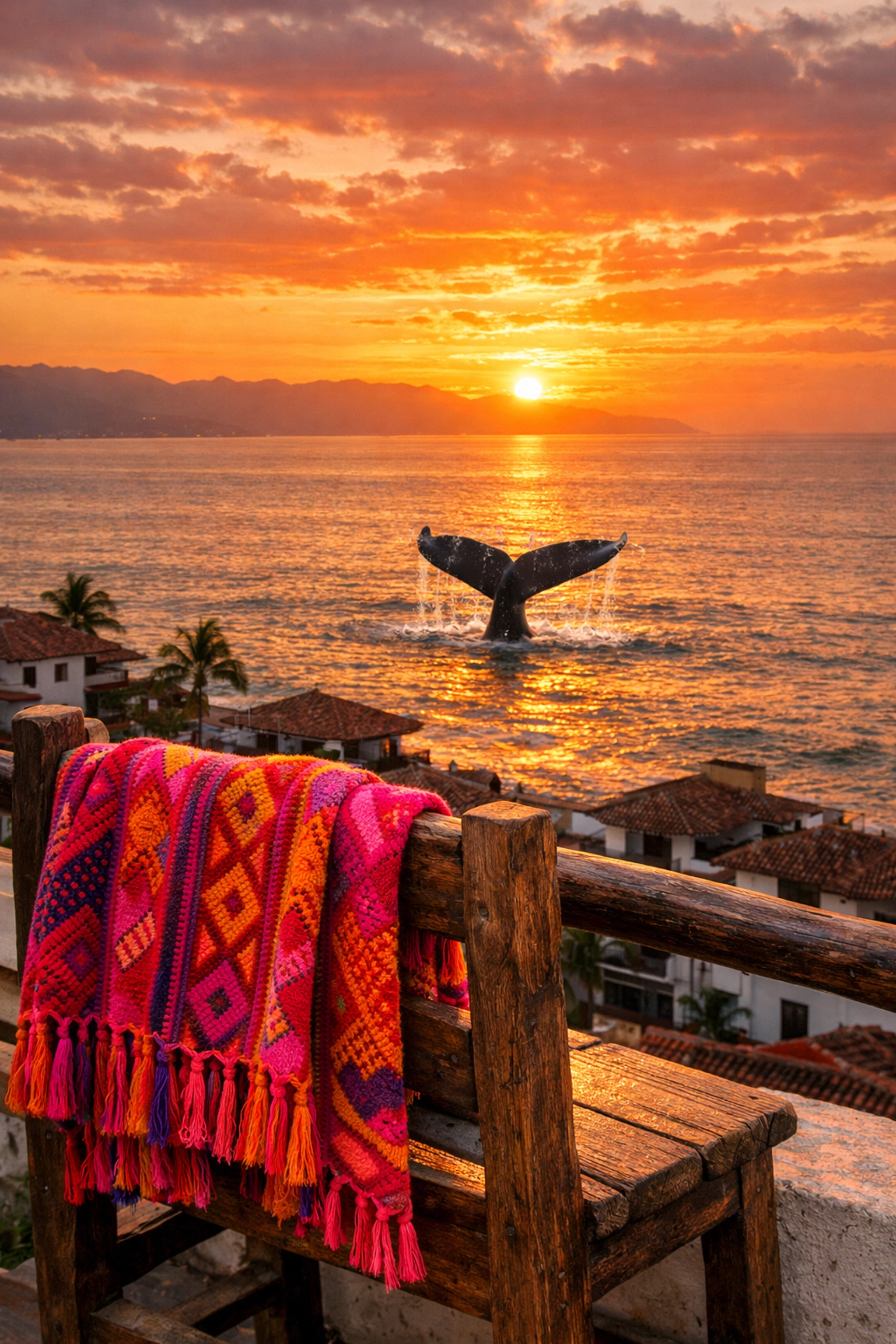 Whale watching from a Puerto Vallarta condo balcony in Old Town during a vibrant Banderas Bay sunset.