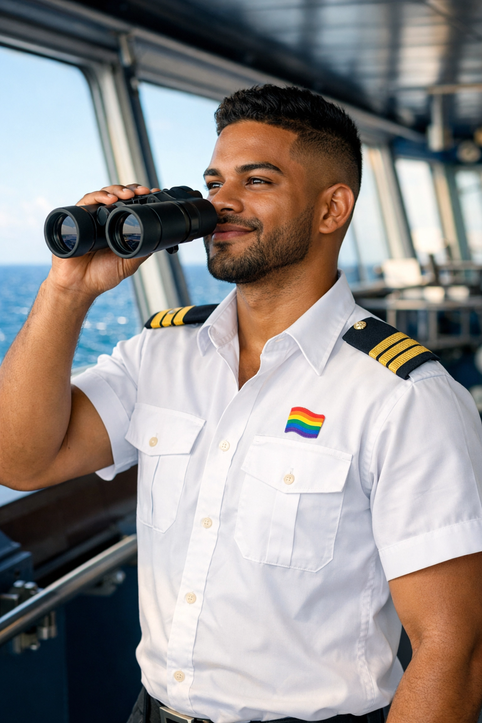 A proud gay maritime officer in uniform on a ship bridge, representing LGBTQ+ worker rights at sea.