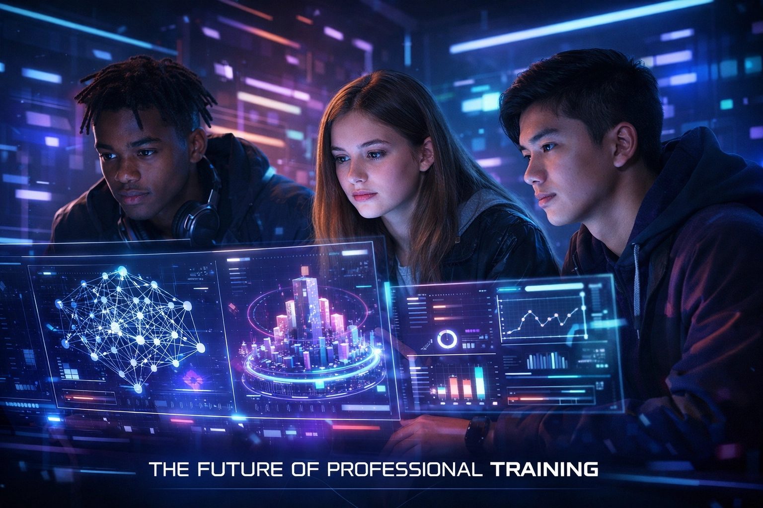 ![High school students in a high-tech simulation lab focusing on AI and technical workforce development.