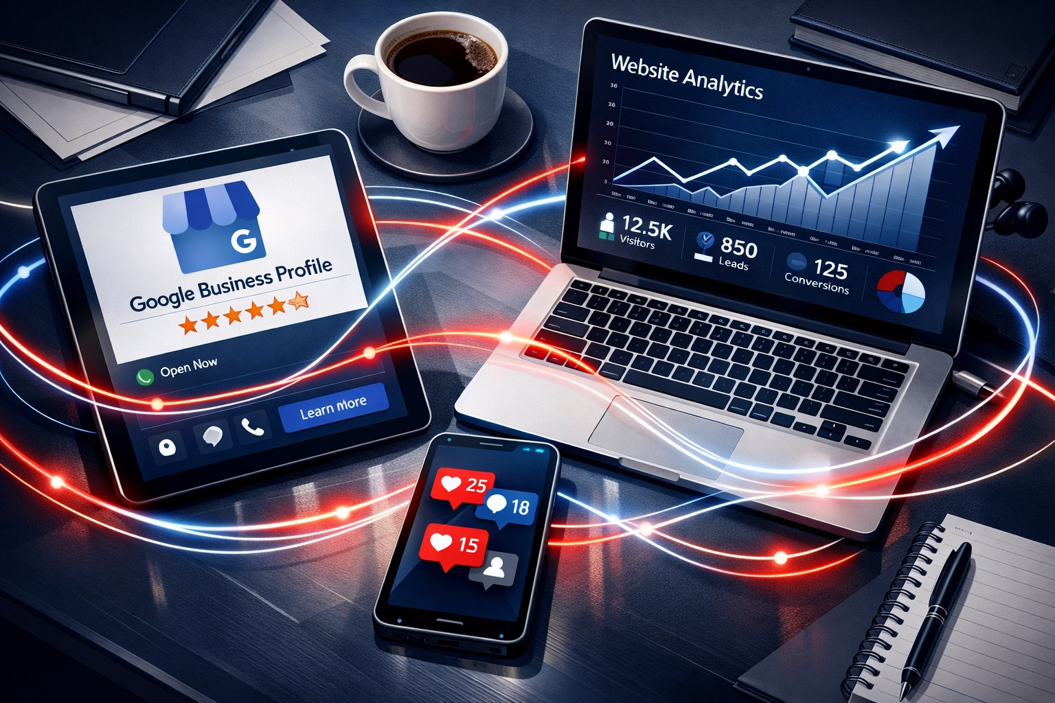 Multi-device lead generation system displaying CRM analytics and social media engagement metrics